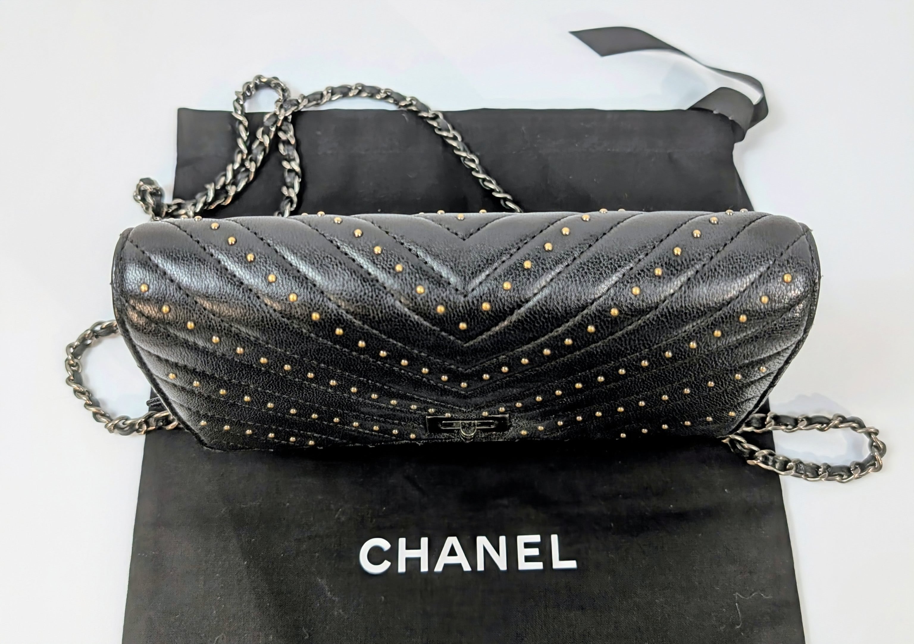 Chanel Special Edition Reissue Black Studded Chevron Calfskin Wallet on Chain (WOC)