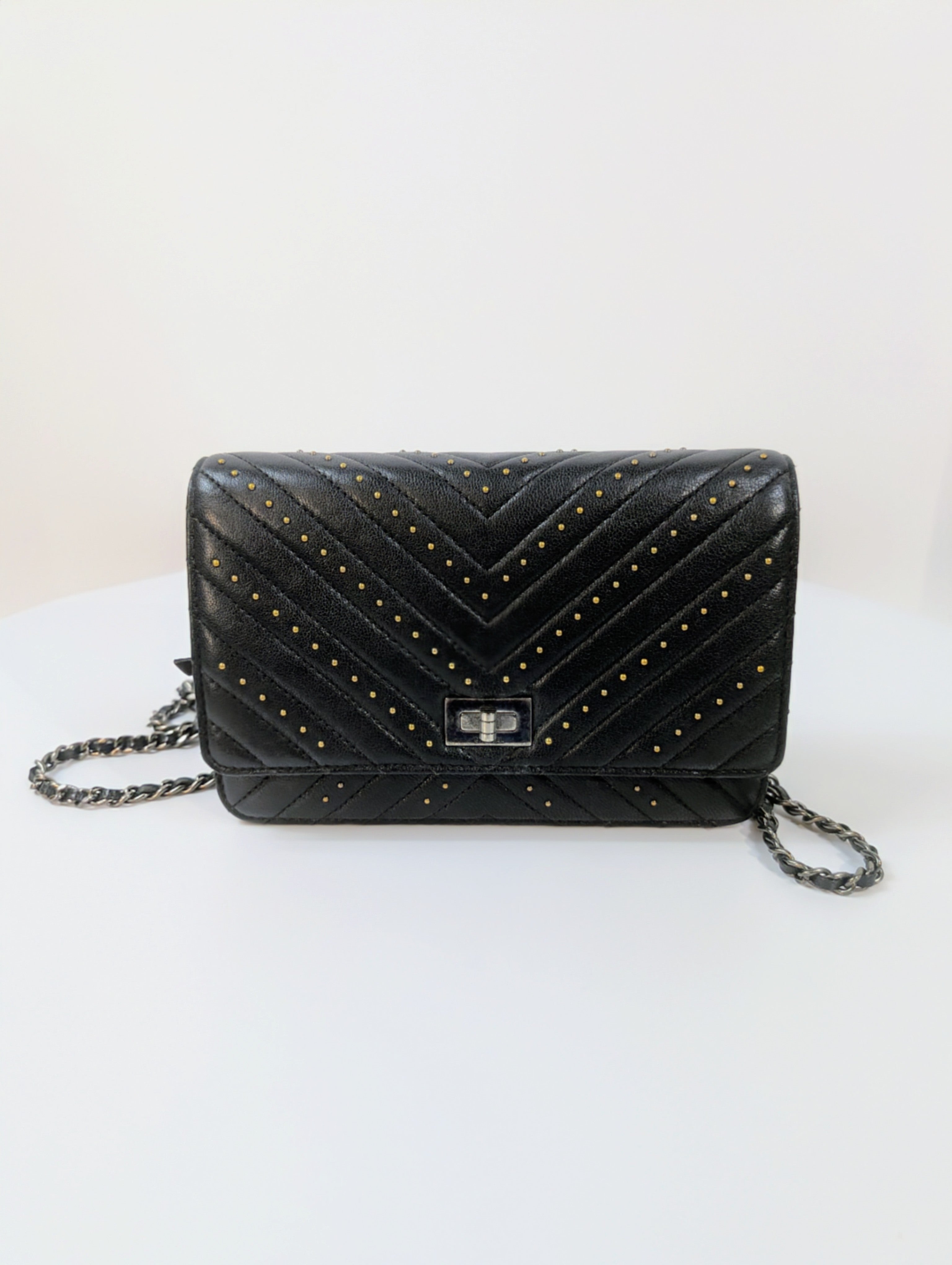 Chanel Special Edition Reissue Black Studded Chevron Calfskin Wallet on Chain (WOC)