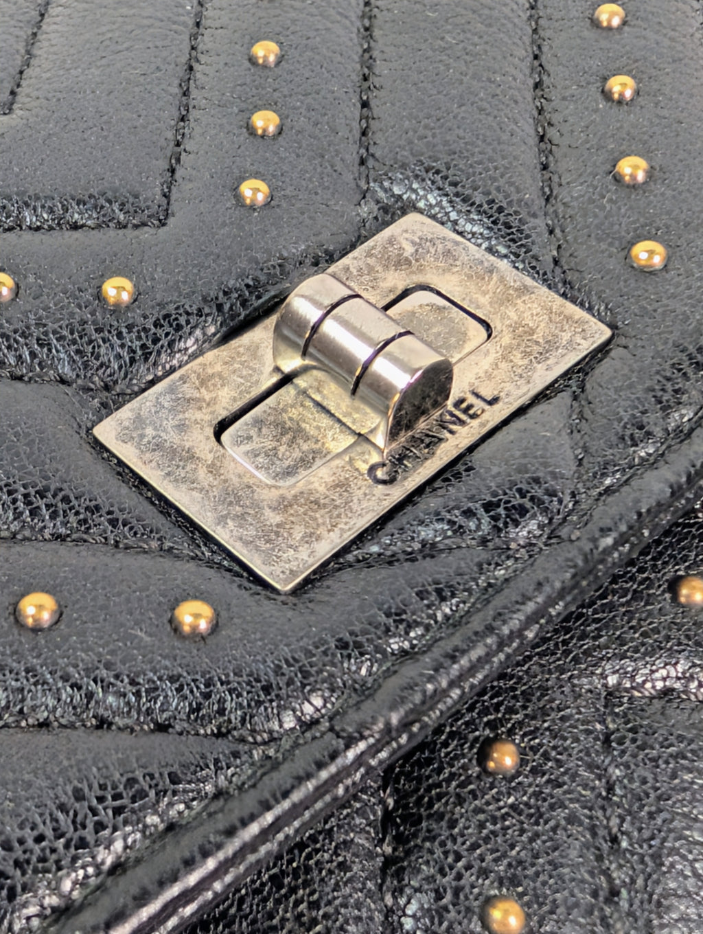 Chanel Special Edition Reissue Black Studded Chevron Calfskin Wallet on Chain (WOC)