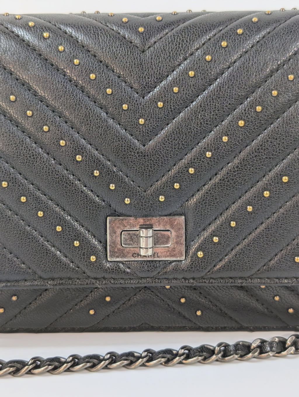 Chanel Special Edition Reissue Black Studded Chevron Calfskin Wallet on Chain (WOC)