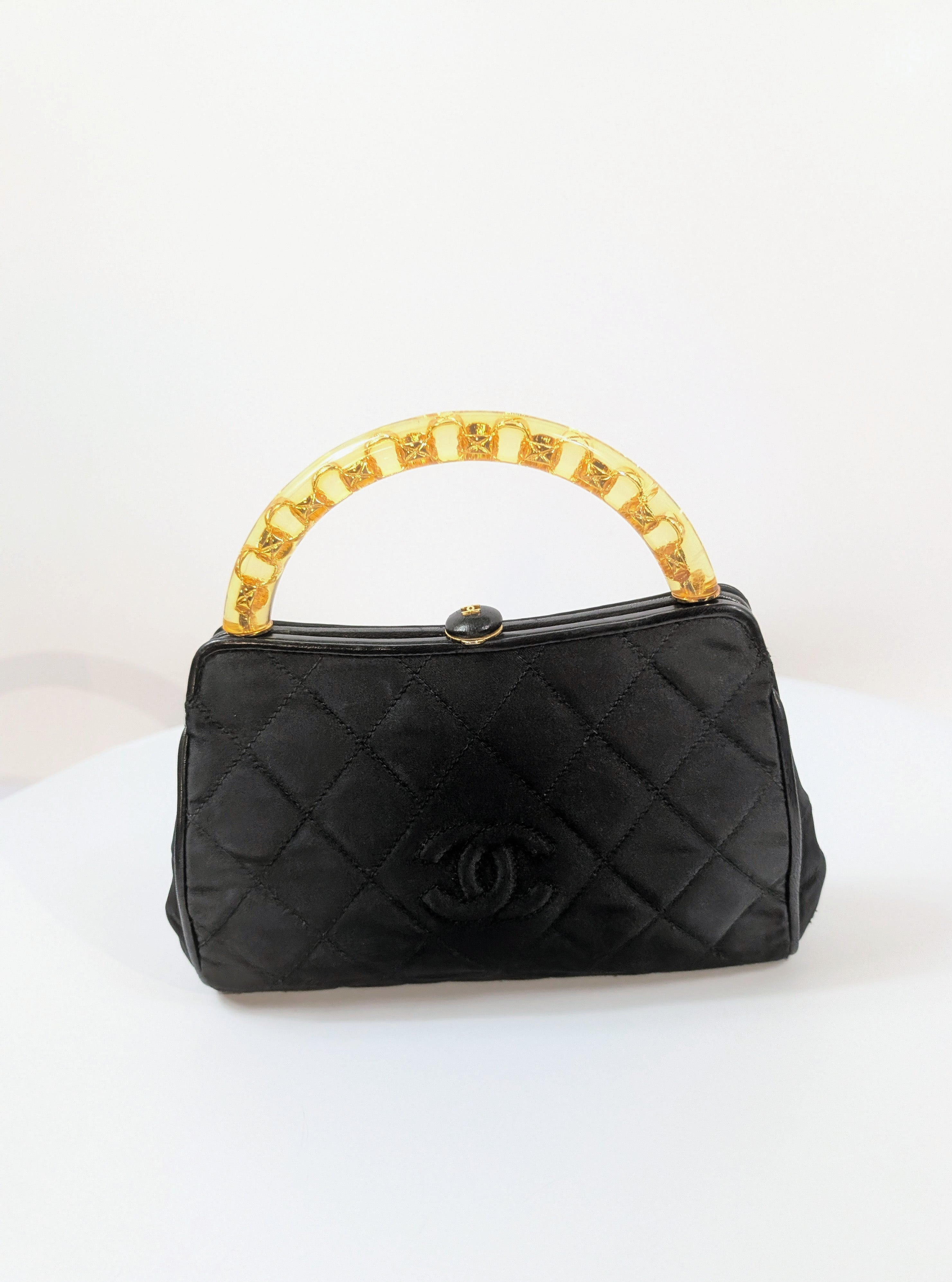 Chanel Vintage Black Quilted Satin Frame Top Handle Bag