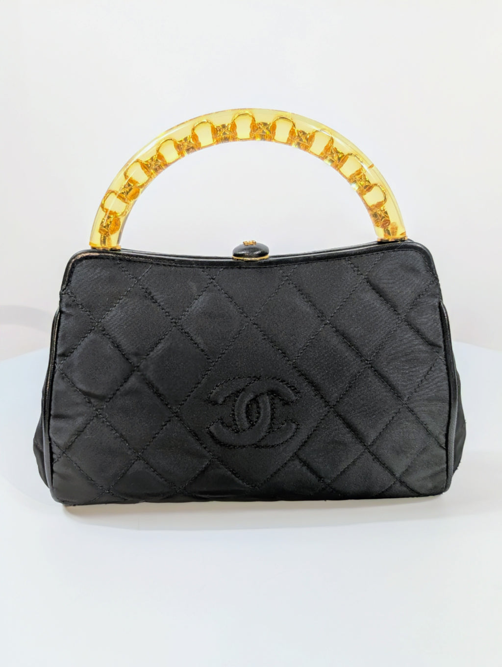 Chanel Vintage Black Quilted Satin Frame Top Handle Bag