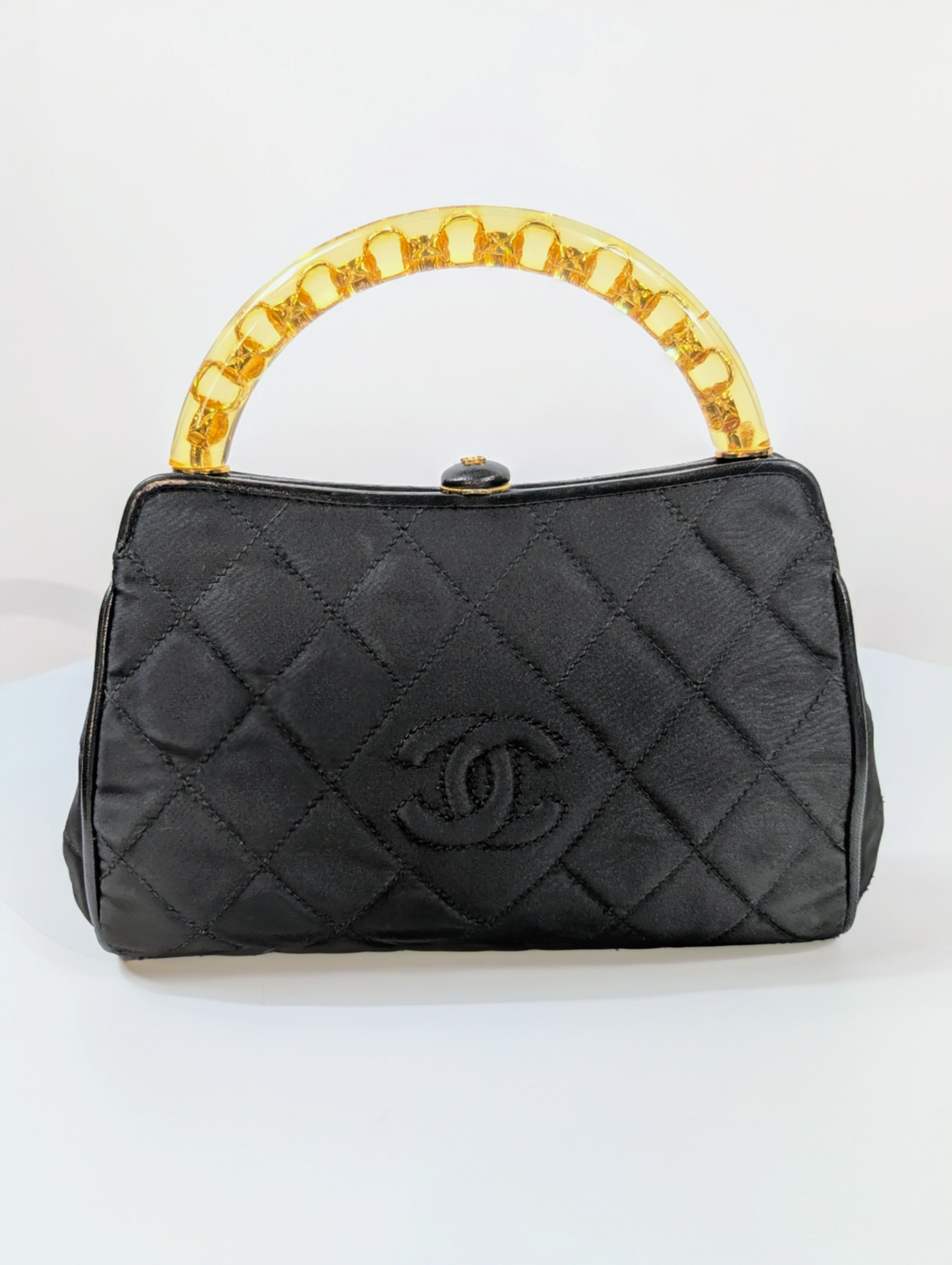 Chanel Vintage Black Quilted Satin Frame Top Handle Bag