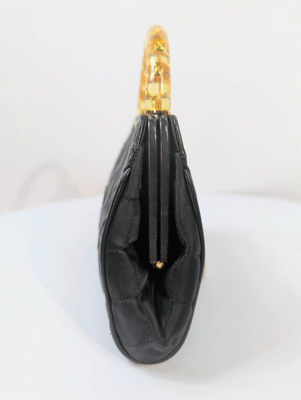 Chanel Vintage Black Quilted Satin Frame Top Handle Bag