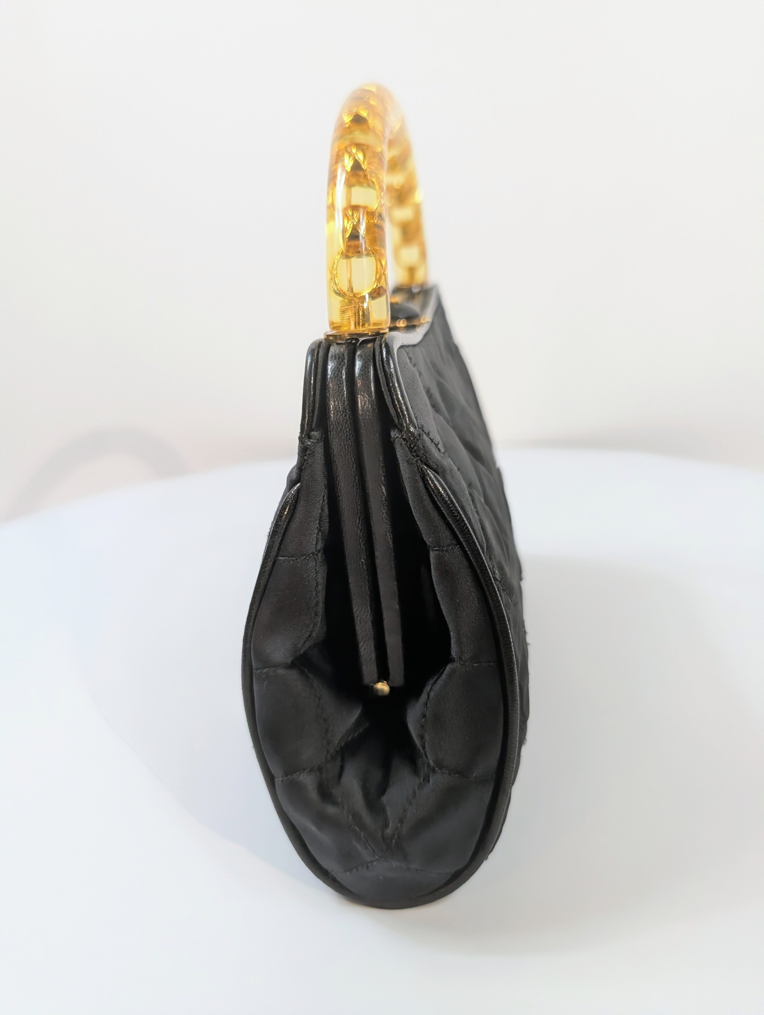 Chanel Vintage Black Quilted Satin Frame Top Handle Bag