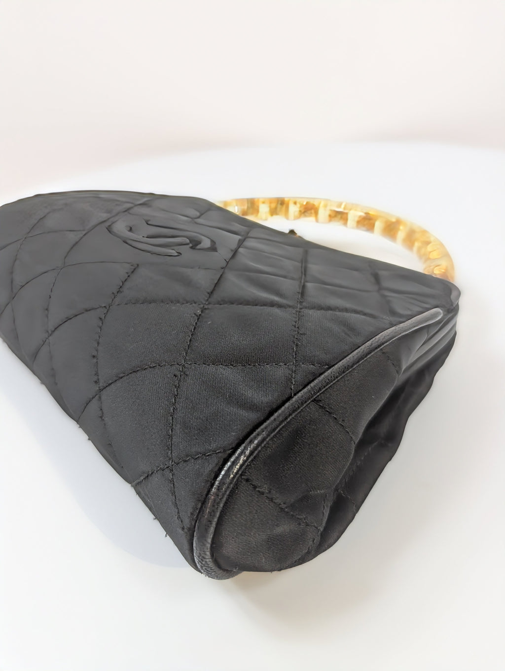 Chanel Vintage Black Quilted Satin Frame Top Handle Bag