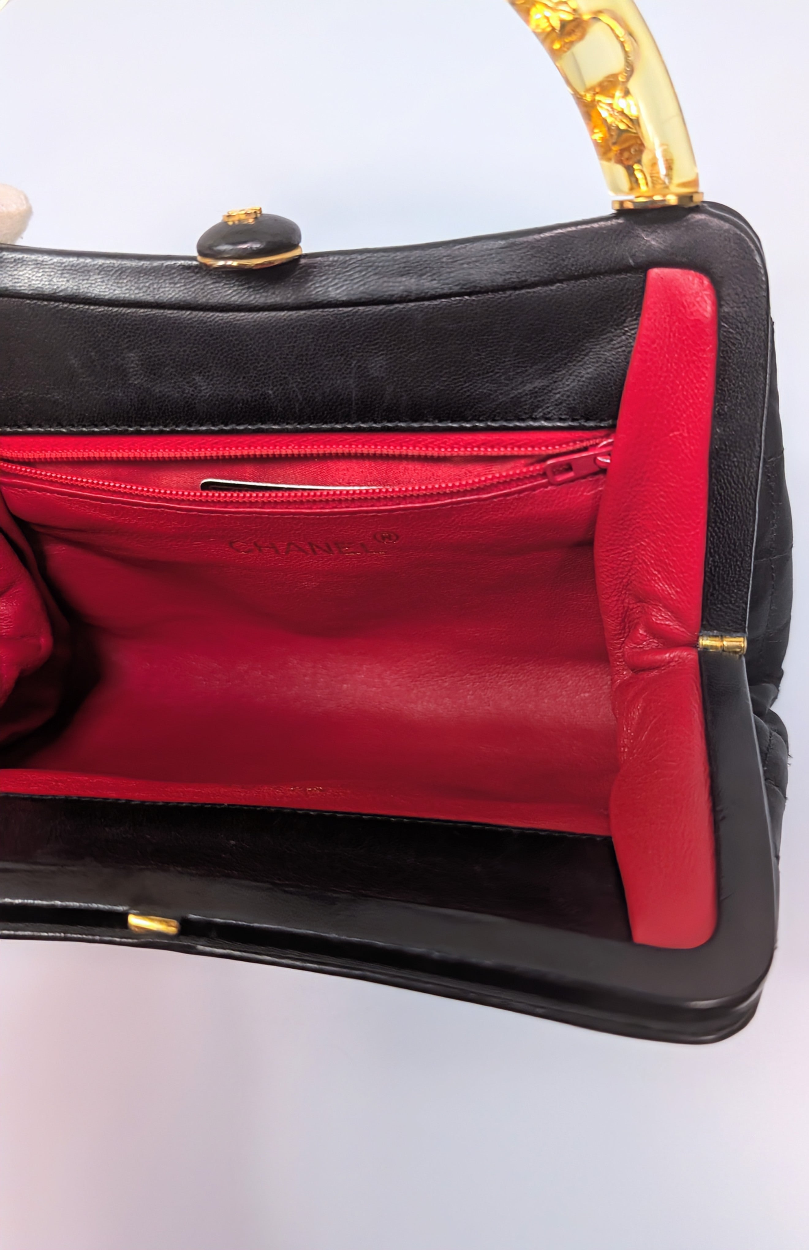 Chanel Vintage Black Quilted Satin Frame Top Handle Bag