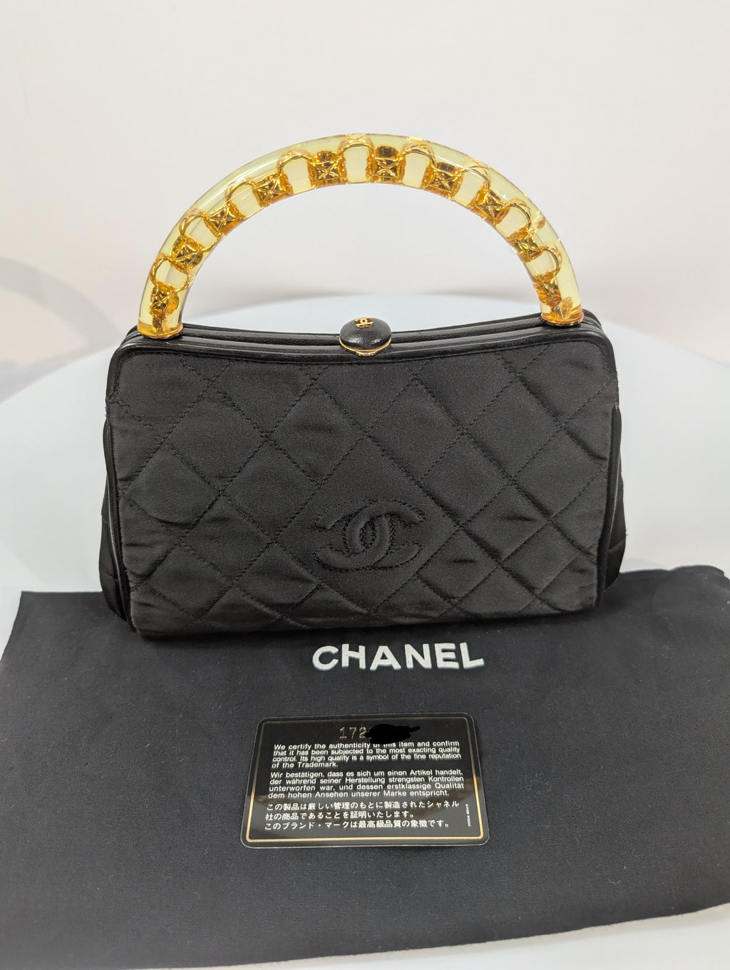 Chanel Vintage Black Quilted Satin Frame Top Handle Bag