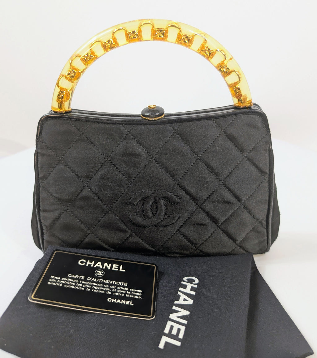 Chanel Vintage Black Quilted Satin Frame Top Handle Bag
