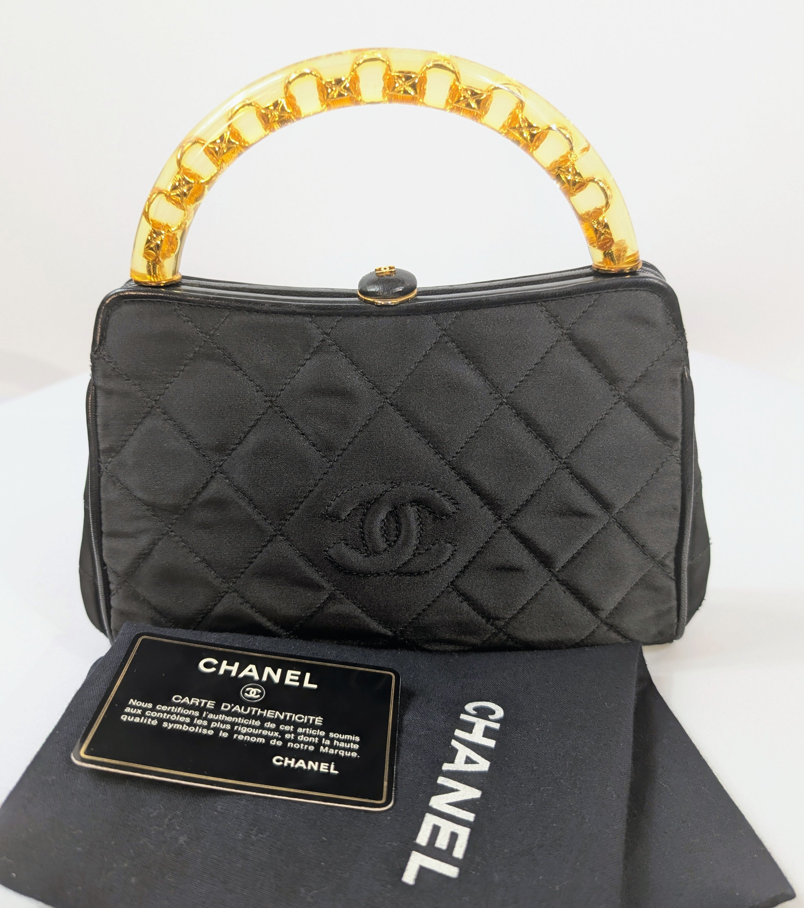 Chanel Vintage Black Quilted Satin Frame Top Handle Bag