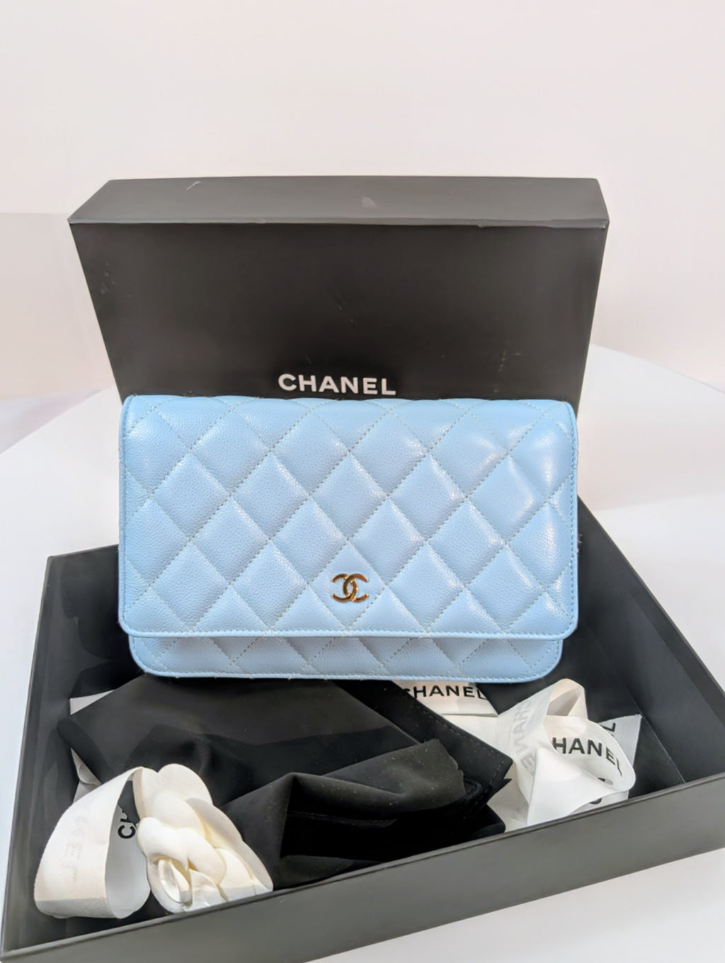 Chanel Sky Blue Caviar Wallet on Chain (WOC)