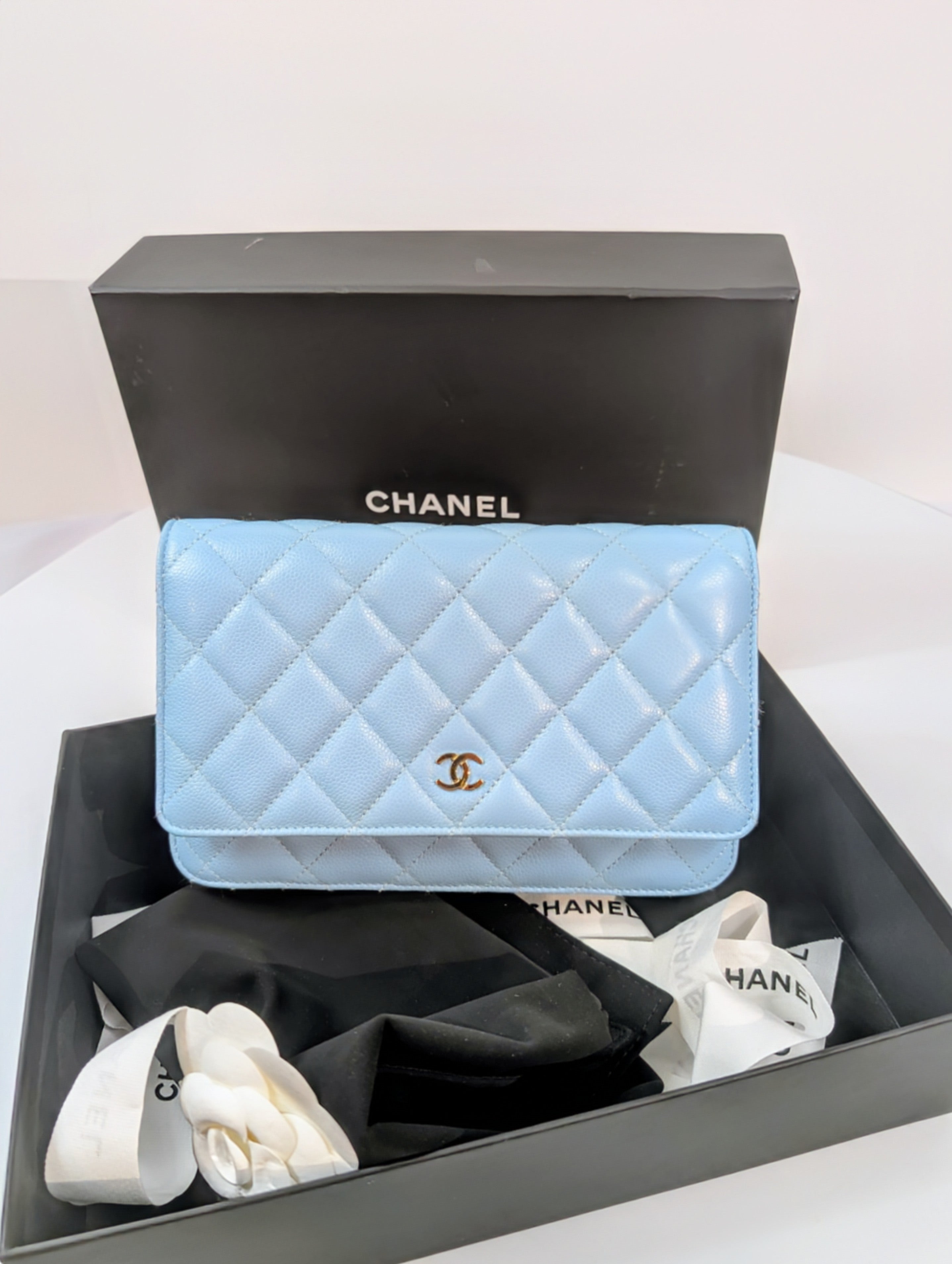 Chanel Sky Blue Caviar Wallet on Chain (WOC)