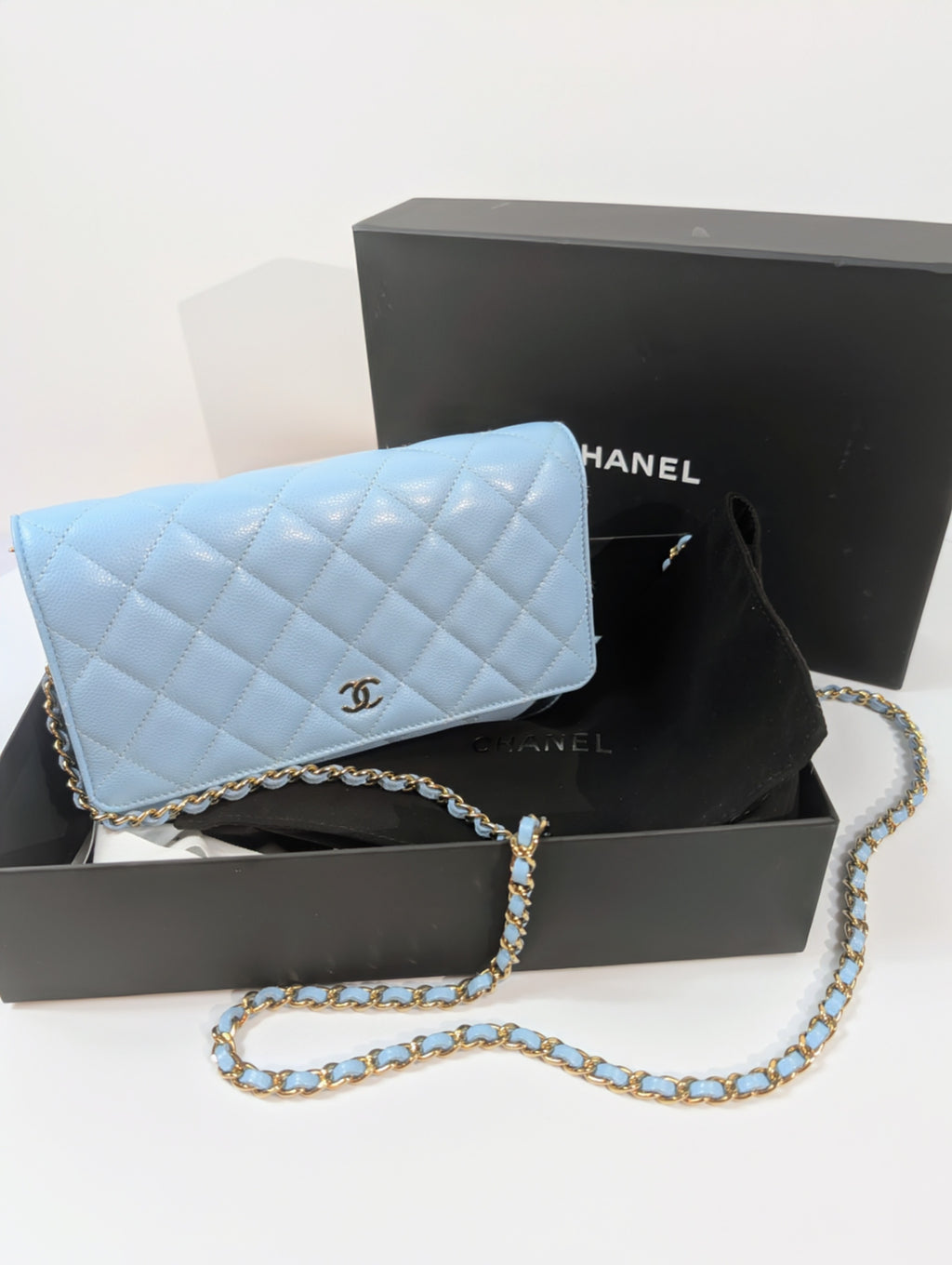 Chanel Sky Blue Caviar Wallet on Chain (WOC)