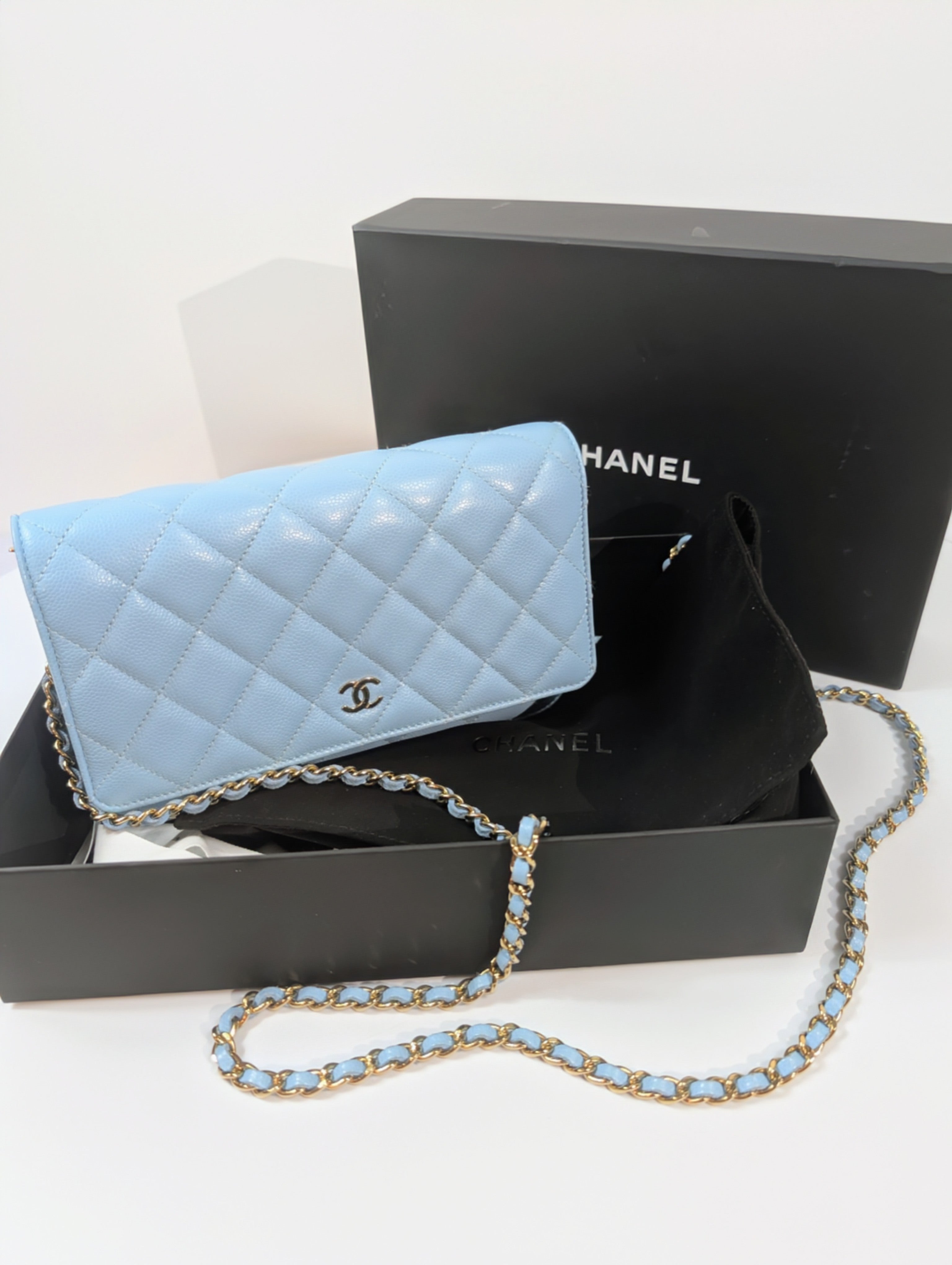 Chanel Sky Blue Caviar Wallet on Chain (WOC)