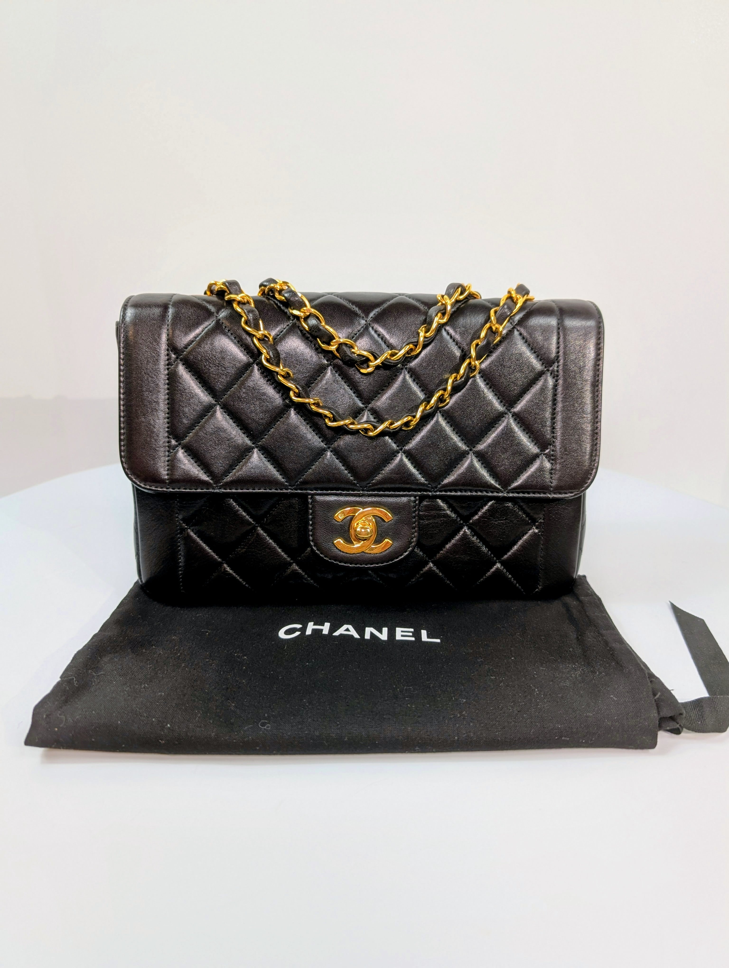 Chanel Vintage Classic Mademoiselle Diana Black Quilted Lambskin Flap Bag, 24K Gold Plated Hardware