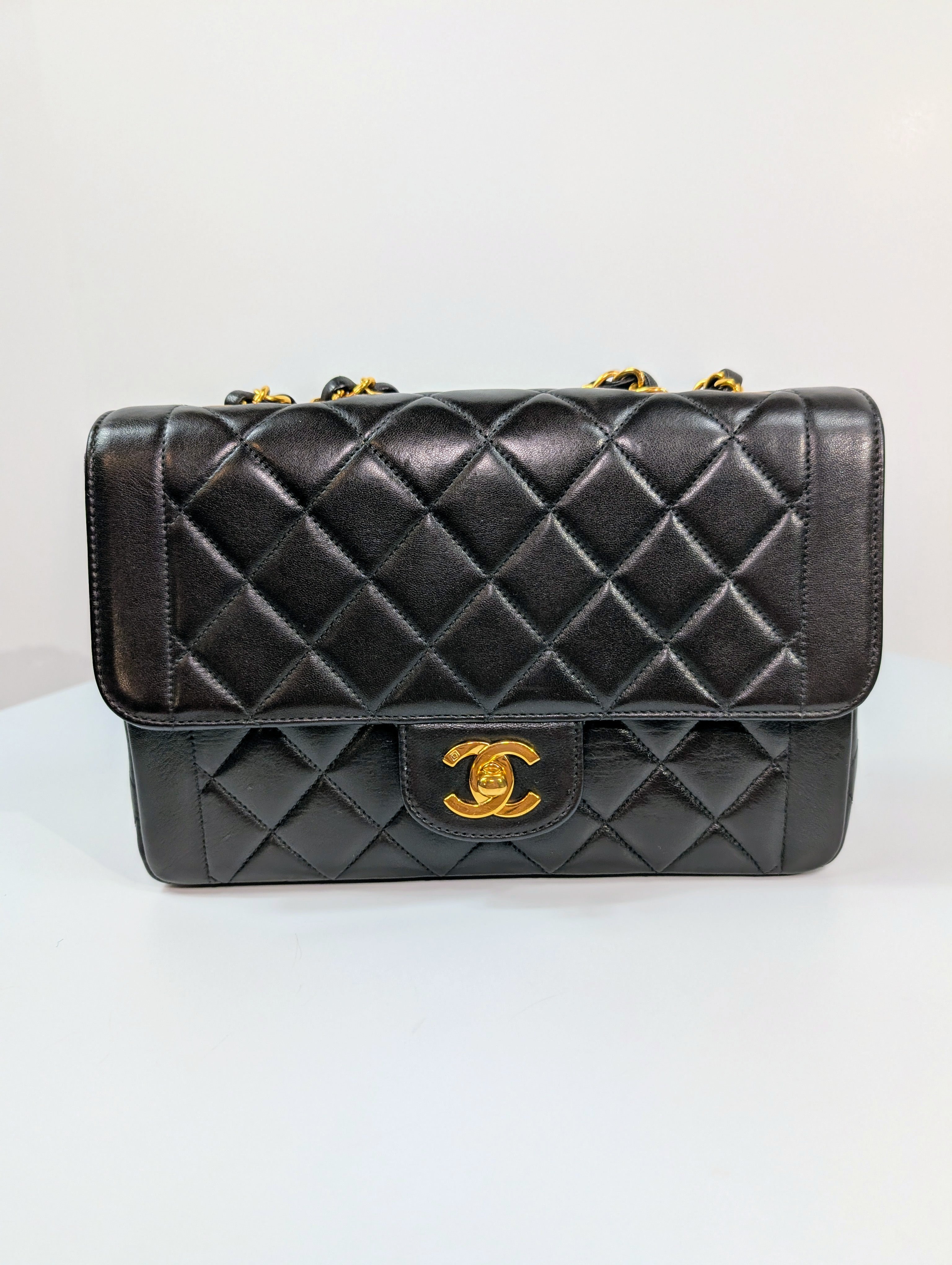 Chanel Vintage Classic Mademoiselle Diana Black Quilted Lambskin Flap Bag, 24K Gold Plated Hardware