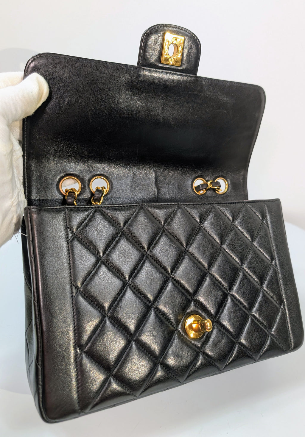 Chanel Vintage Classic Mademoiselle Diana Black Quilted Lambskin Flap Bag, 24K Gold Plated Hardware