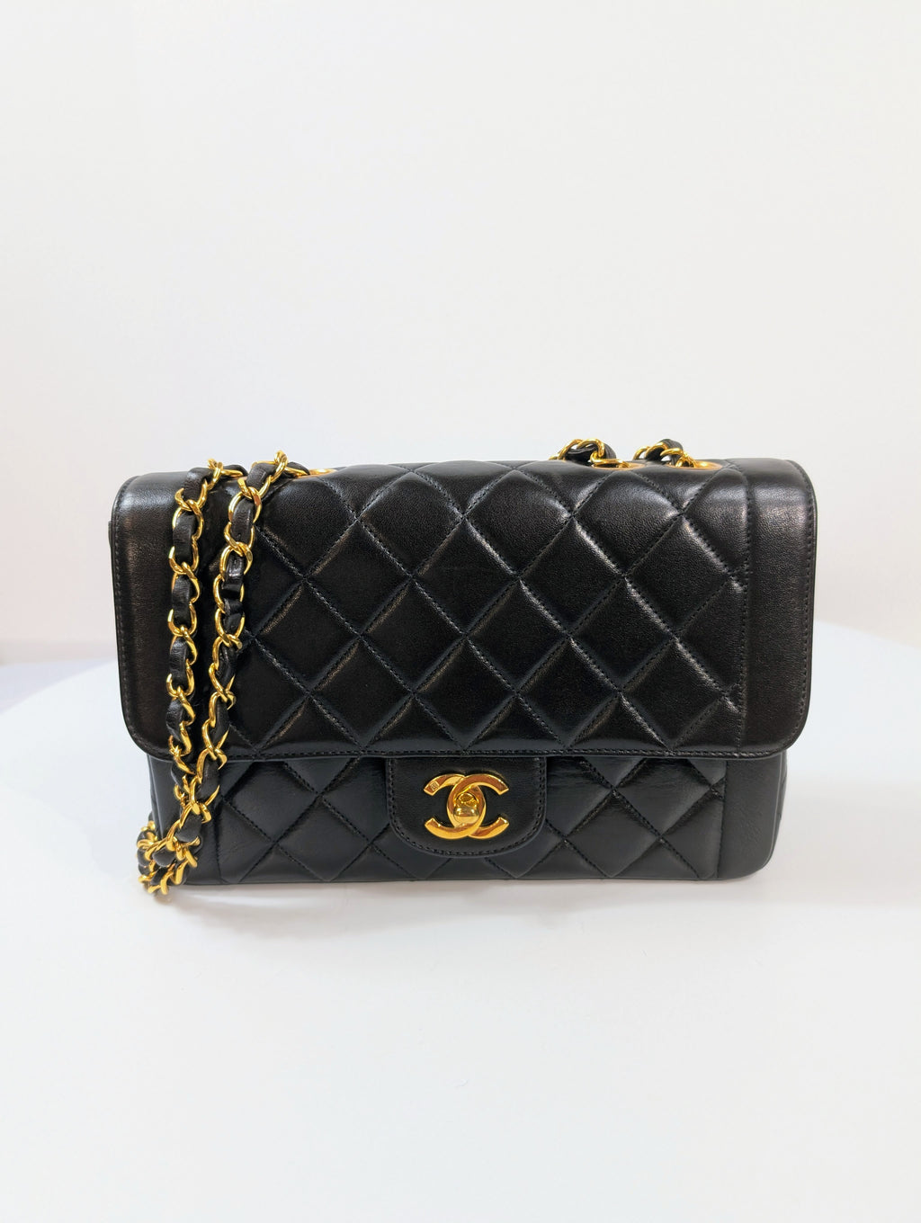 Chanel Vintage Classic Mademoiselle Diana Black Quilted Lambskin Flap Bag, 24K Gold Plated Hardware