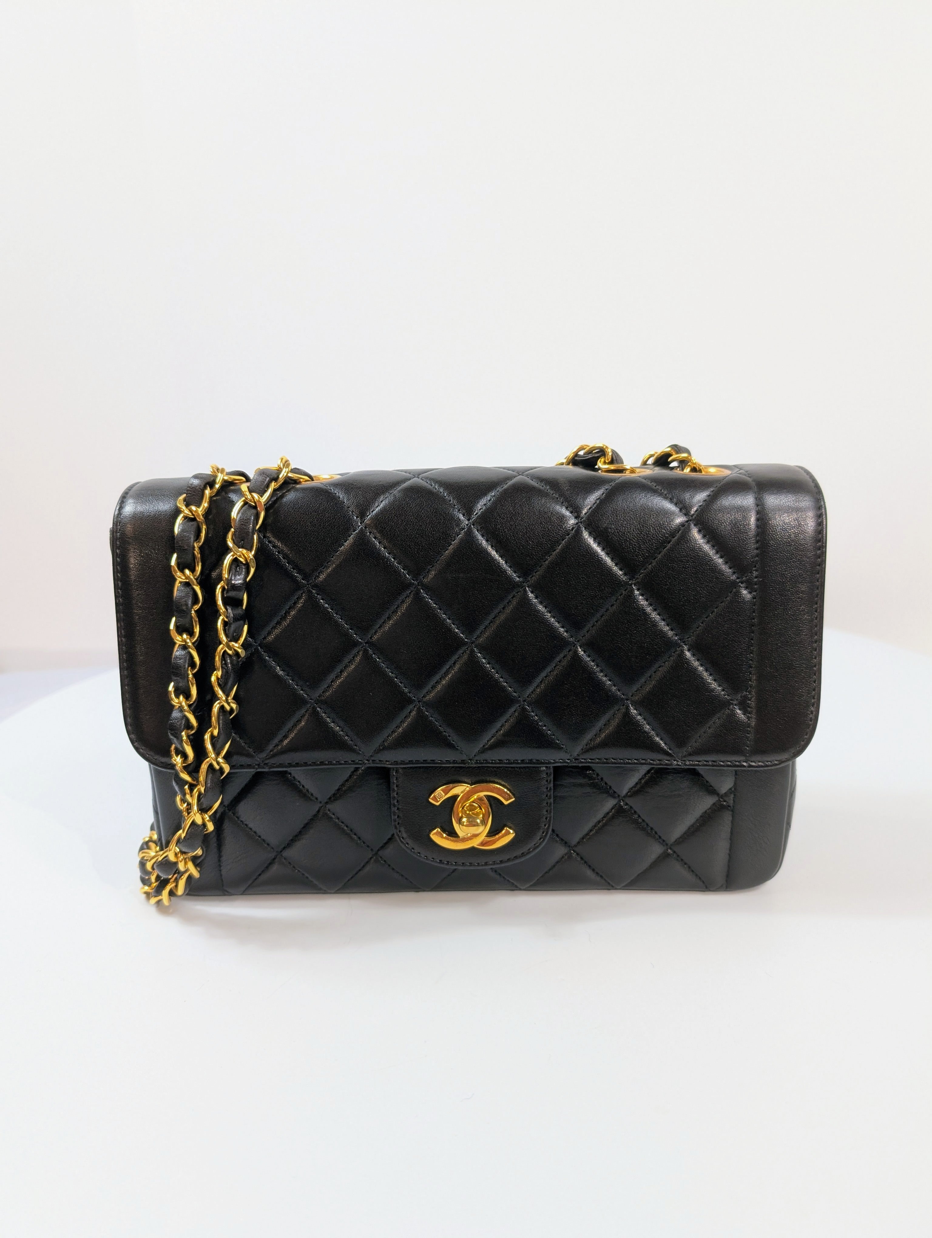 Chanel Vintage Classic Mademoiselle Diana Black Quilted Lambskin Flap Bag, 24K Gold Plated Hardware