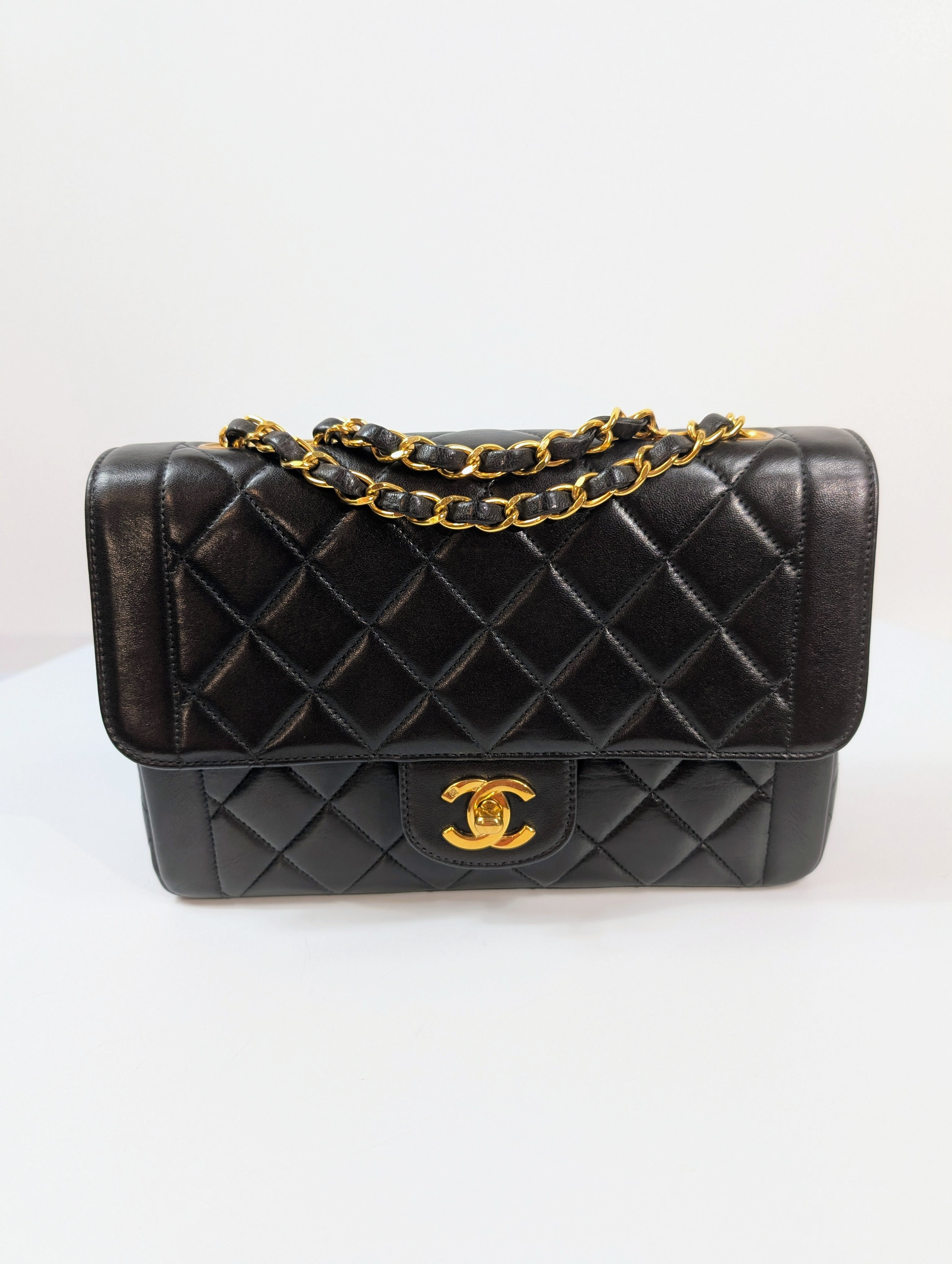 Chanel Vintage Classic Mademoiselle Diana Black Quilted Lambskin Flap Bag, 24K Gold Plated Hardware