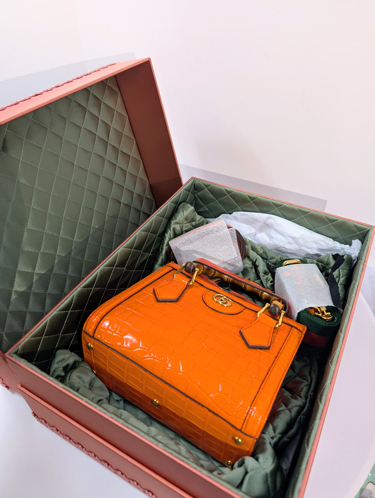 Gucci Rare Orange Crocodile Small Diana Tote Bag Complete Collector’s Set
