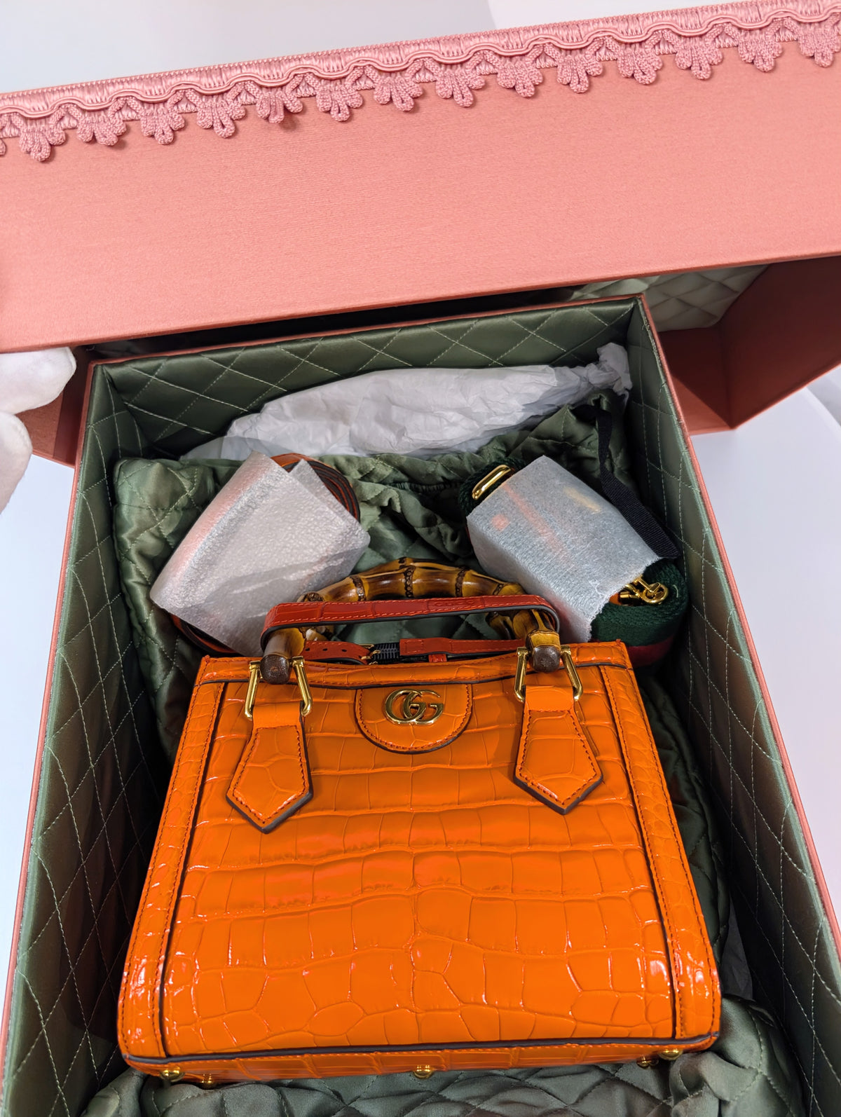 Gucci Rare Orange Crocodile Small Diana Tote Bag Complete Collector’s Set