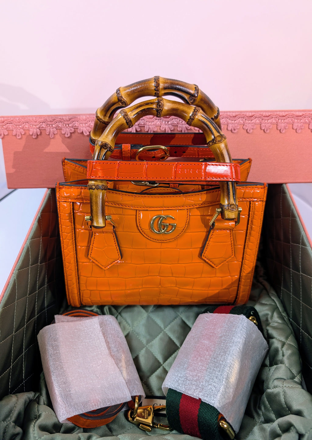 Gucci Rare Orange Crocodile Small Diana Tote Bag Complete Collector’s Set