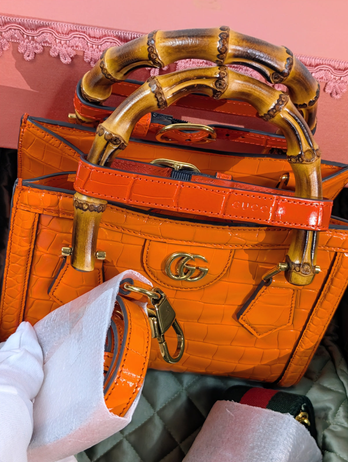 Gucci Rare Orange Crocodile Small Diana Tote Bag Complete Collector’s Set