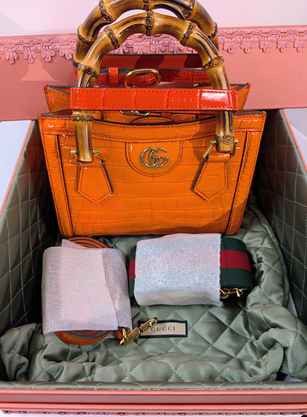 Gucci Rare Orange Crocodile Small Diana Tote Bag Complete Collector’s Set