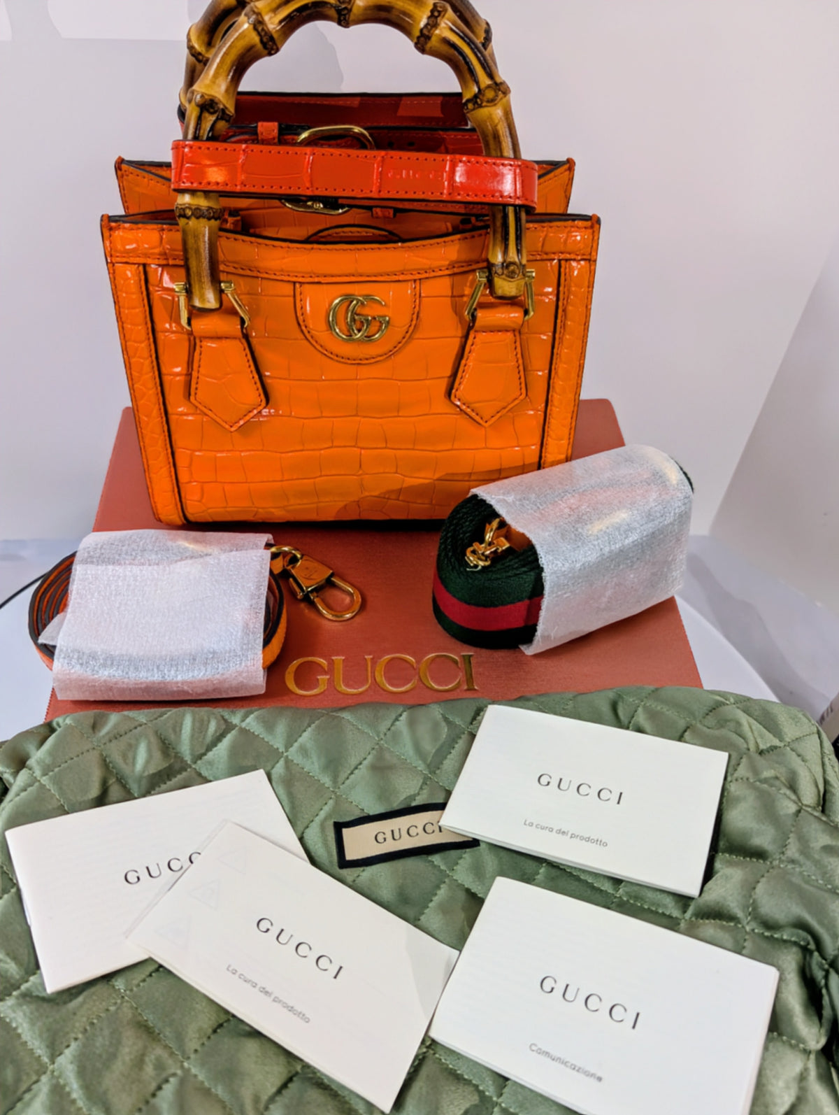 Gucci Rare Orange Crocodile Small Diana Tote Bag Complete Collector’s Set