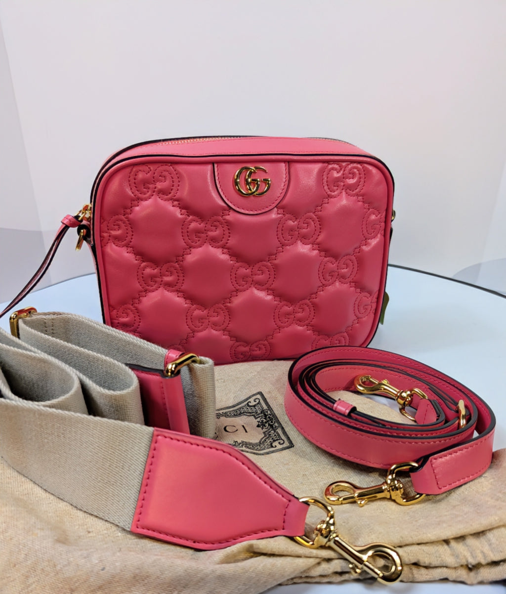 Gucci GG Hot Pink Matelasse Leather Double-Strap Camera Bag