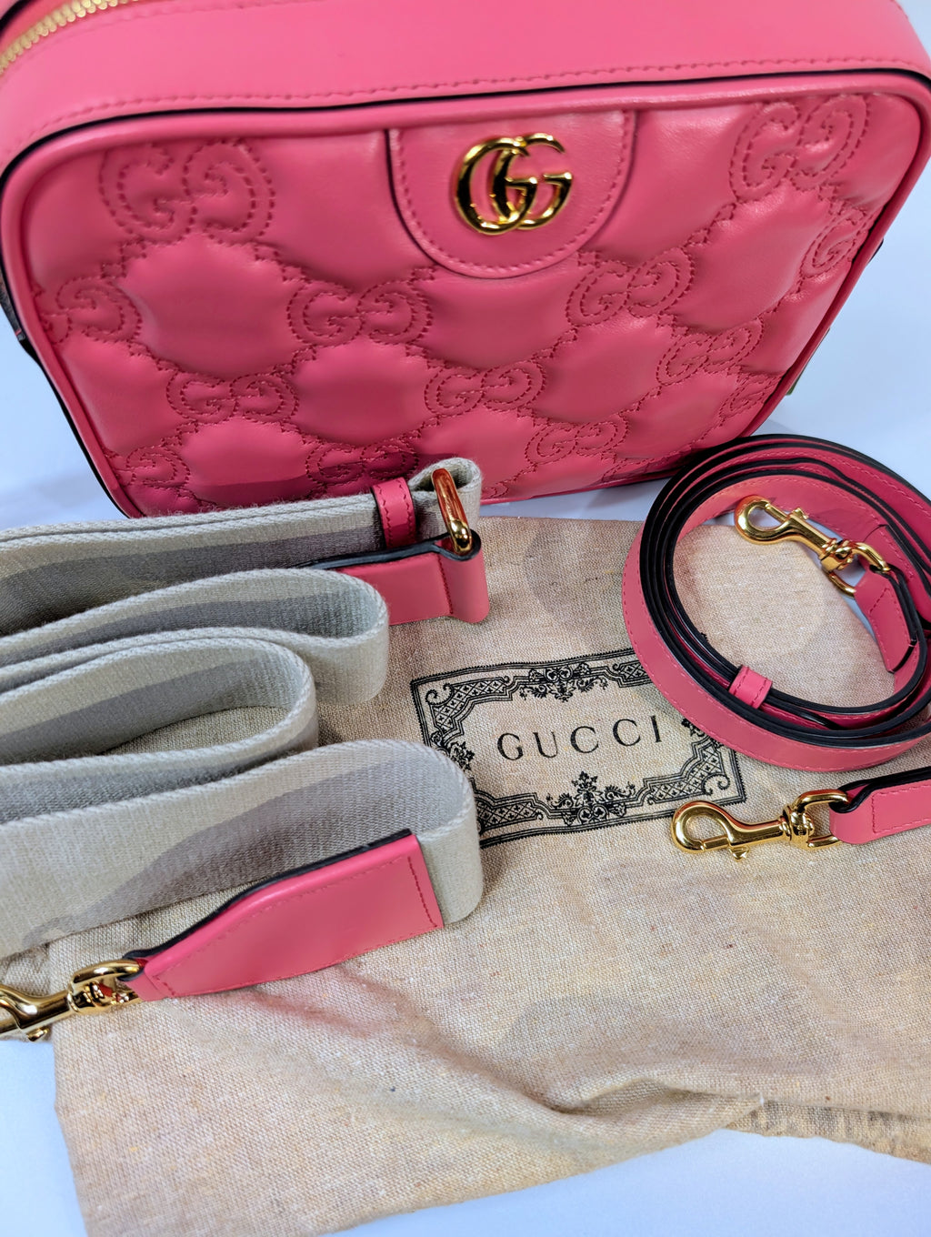 Gucci GG Hot Pink Matelasse Leather Double-Strap Camera Bag