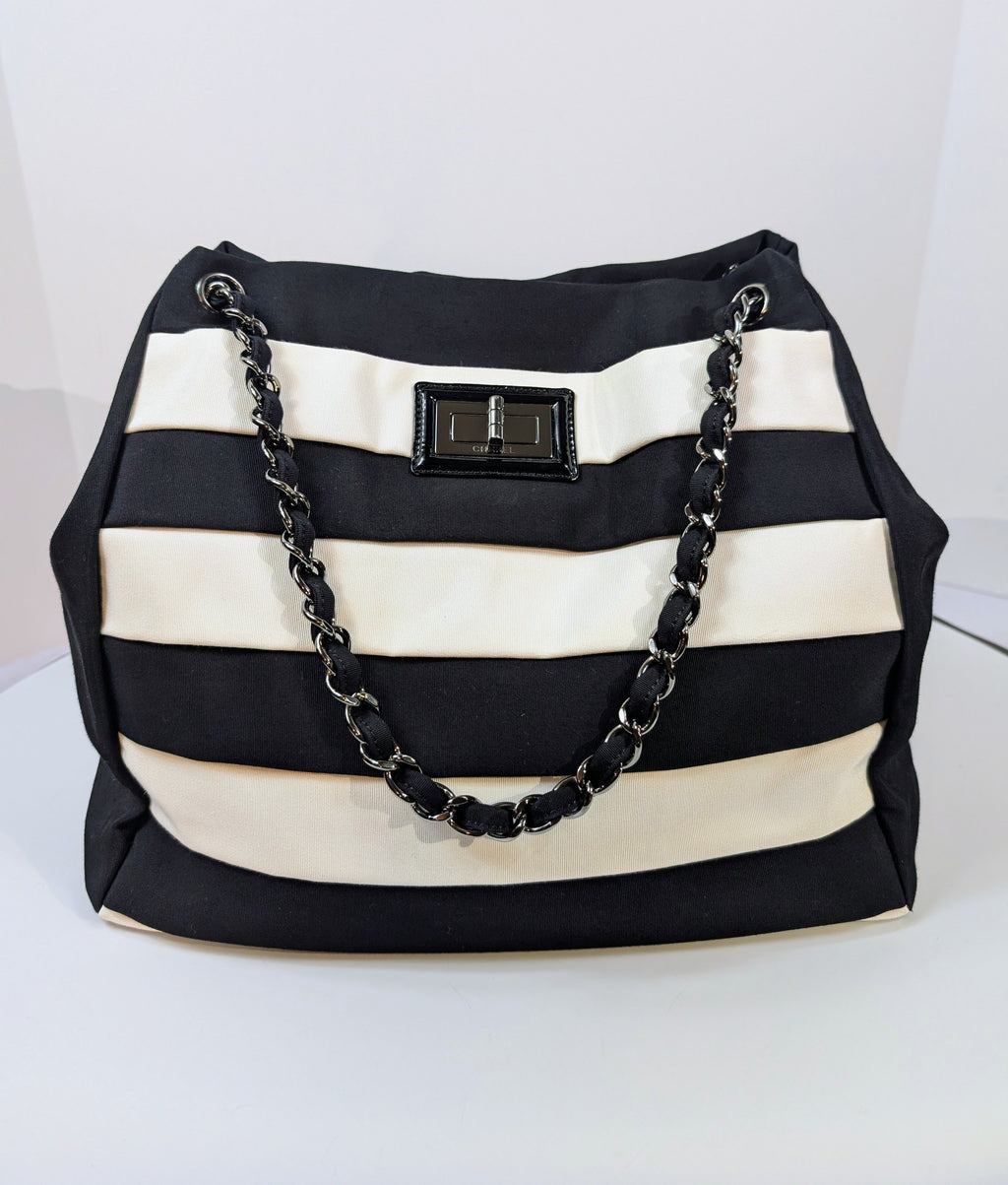 Chanel Black and White Striped Fabric Shopping Tote