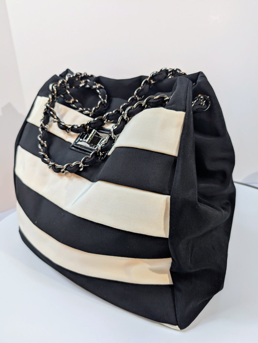 Chanel Black and White Striped Fabric Shopping Tote