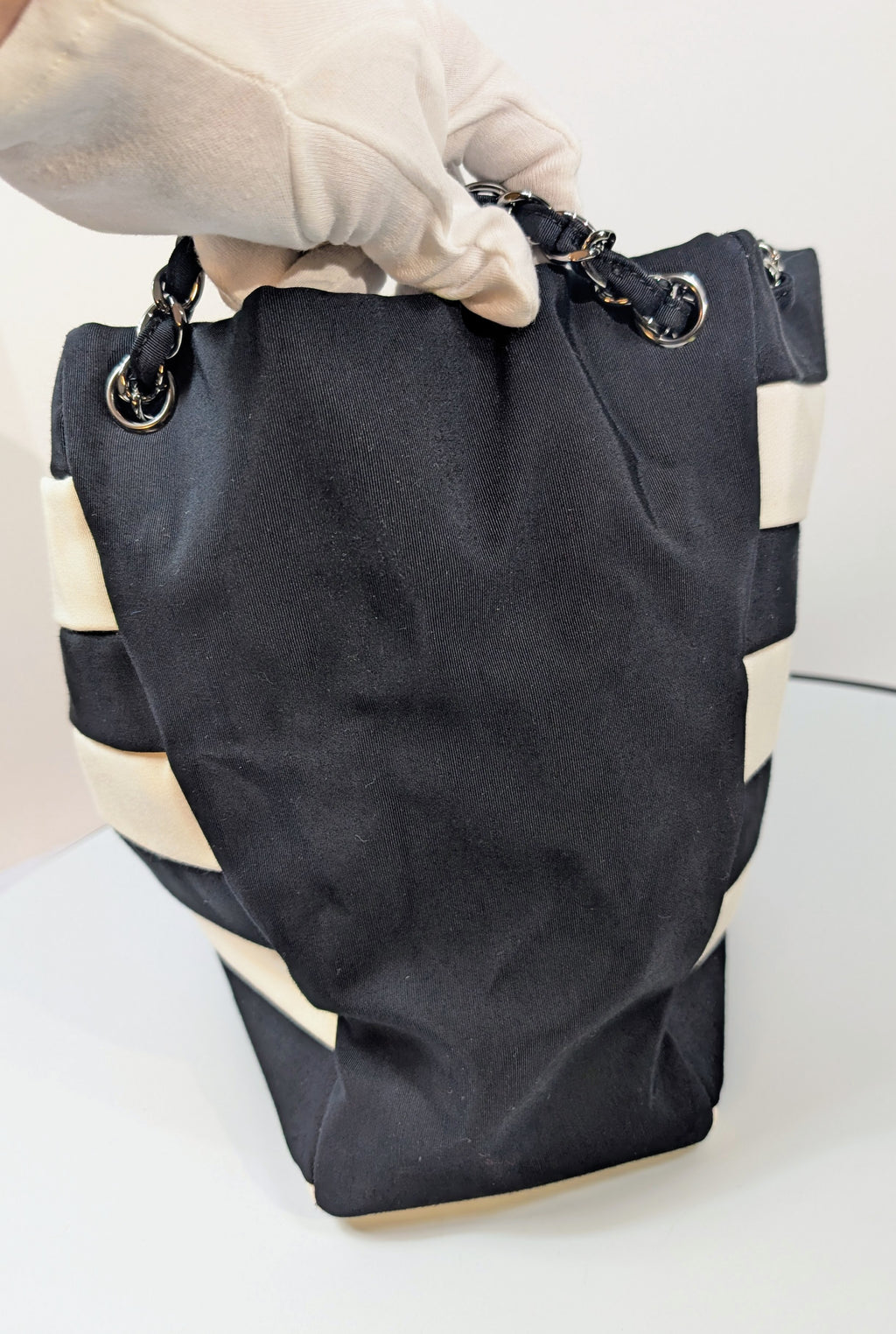 Chanel Black and White Striped Fabric Shopping Tote