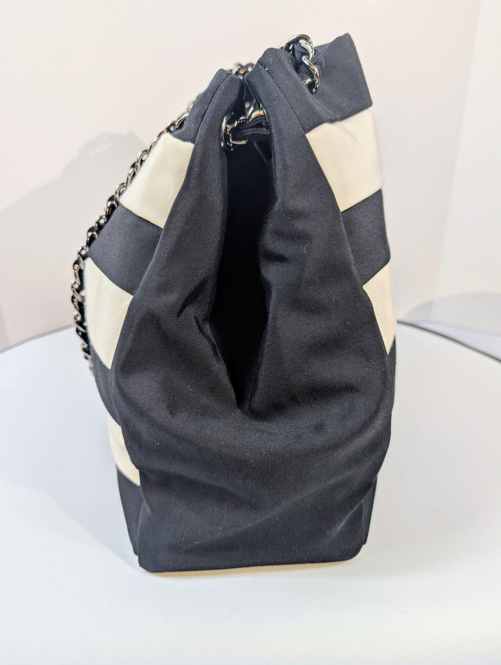Chanel Black and White Striped Fabric Shopping Tote