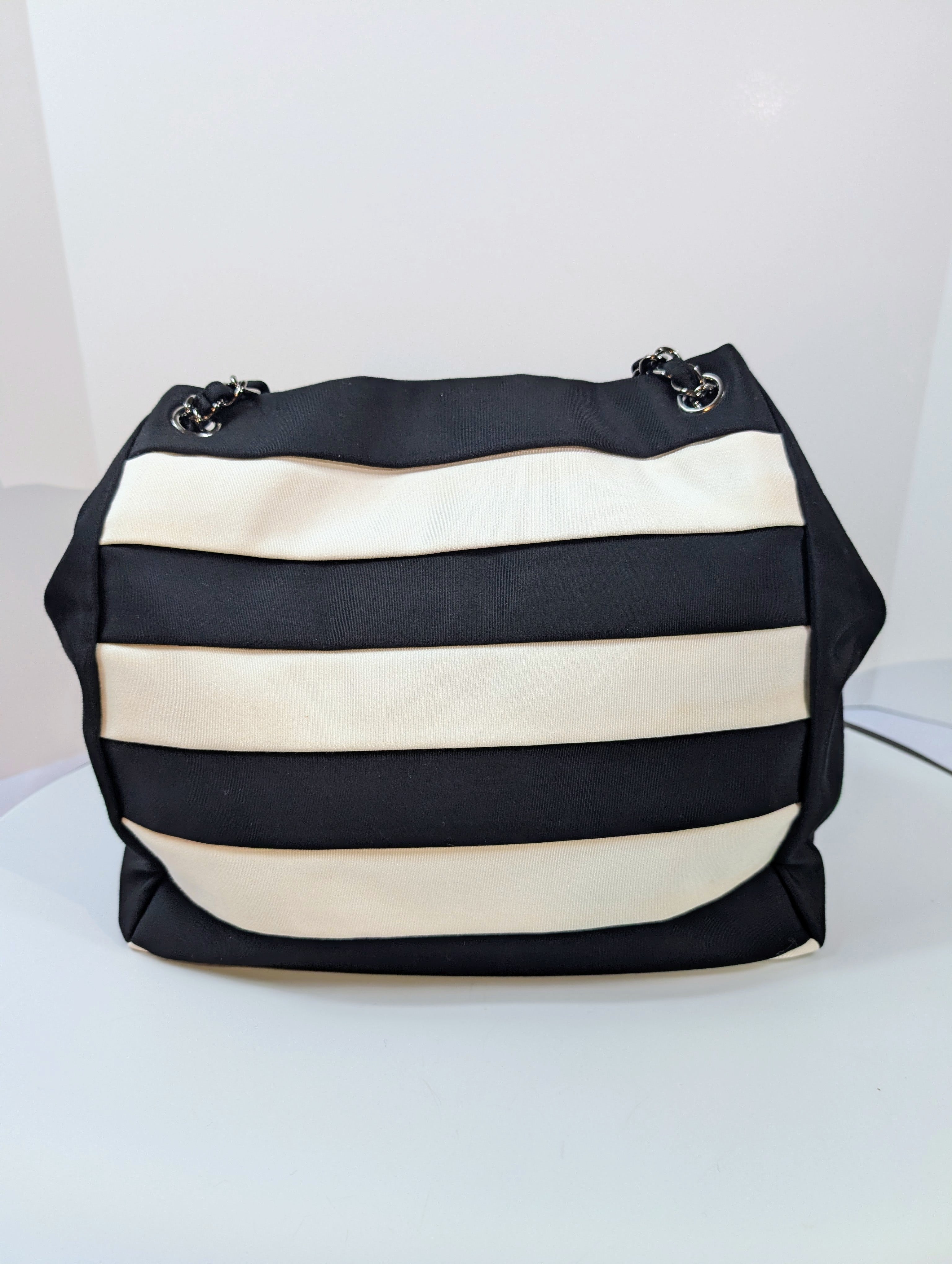 Chanel Black and White Striped Fabric Shopping Tote