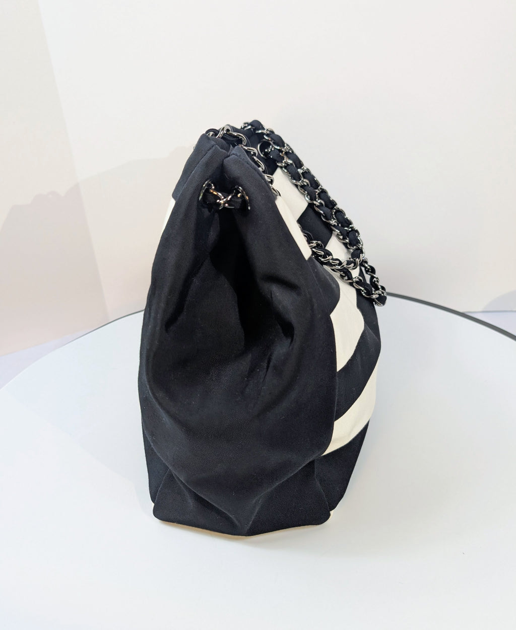 Chanel Black and White Striped Fabric Shopping Tote