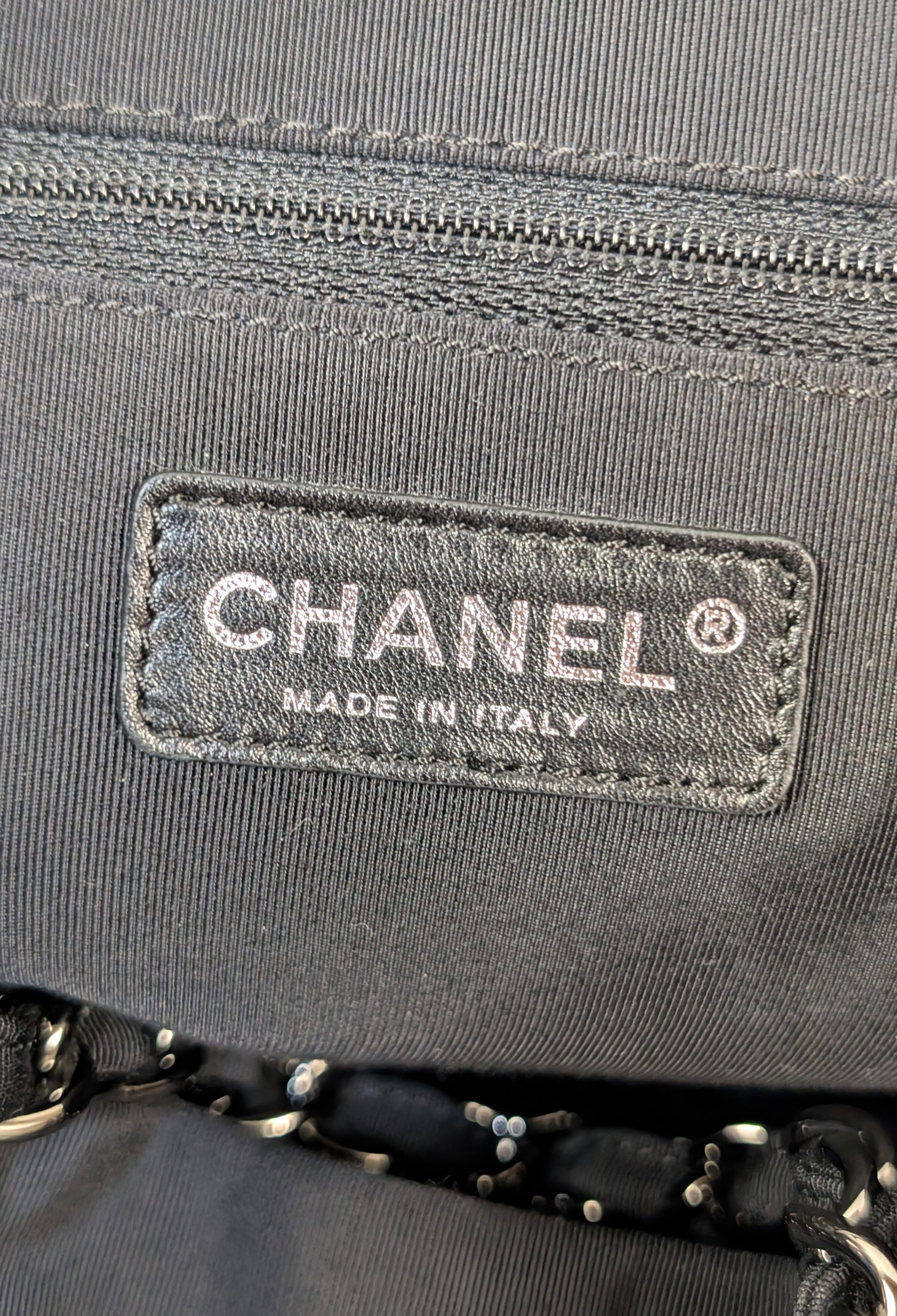 Chanel Black and White Striped Fabric Shopping Tote