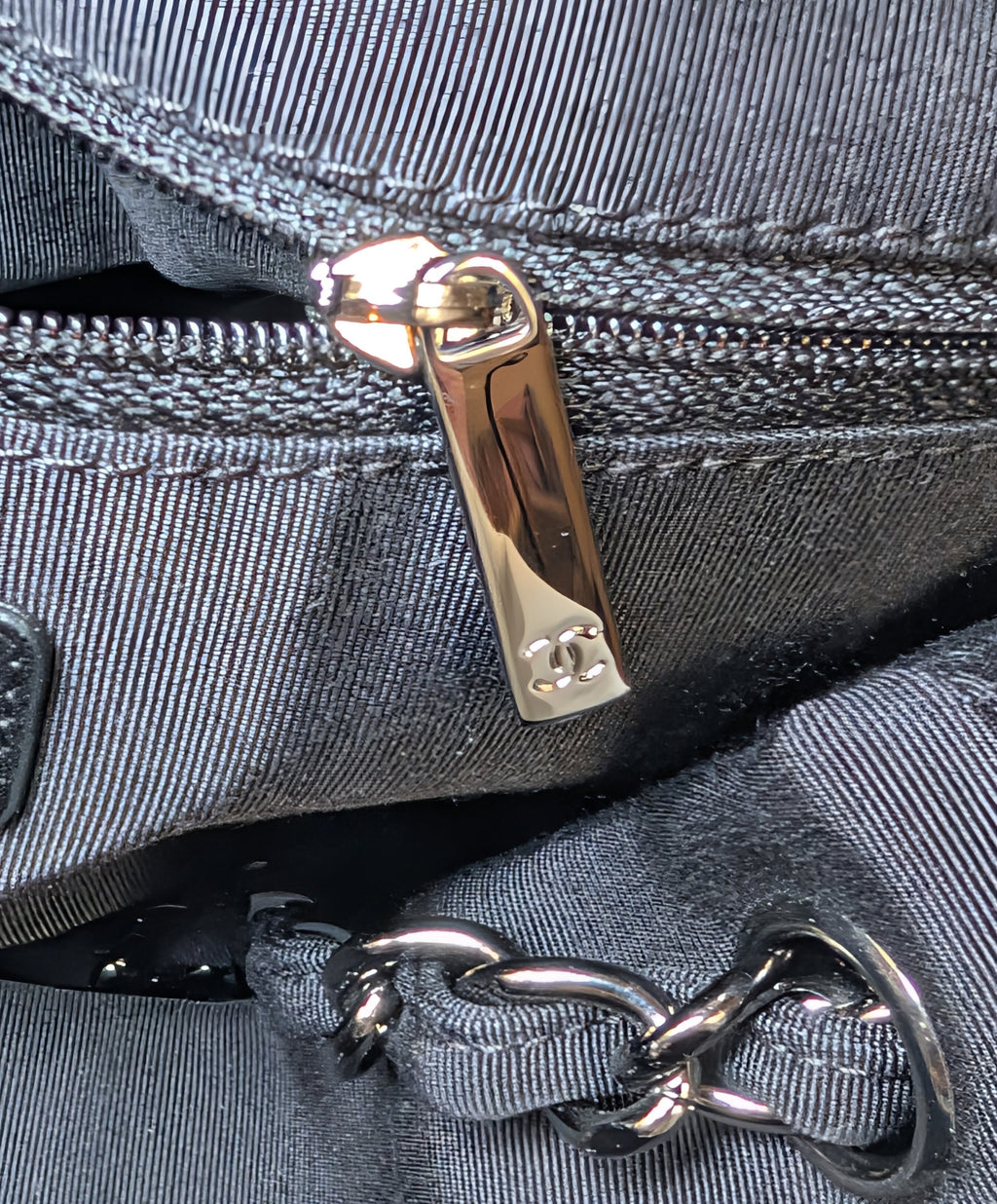 Chanel Black and White Striped Fabric Shopping Tote