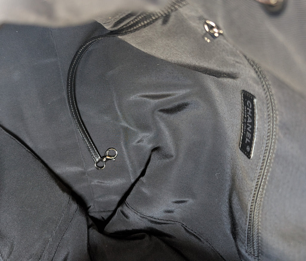 Chanel Black and White Striped Fabric Shopping Tote