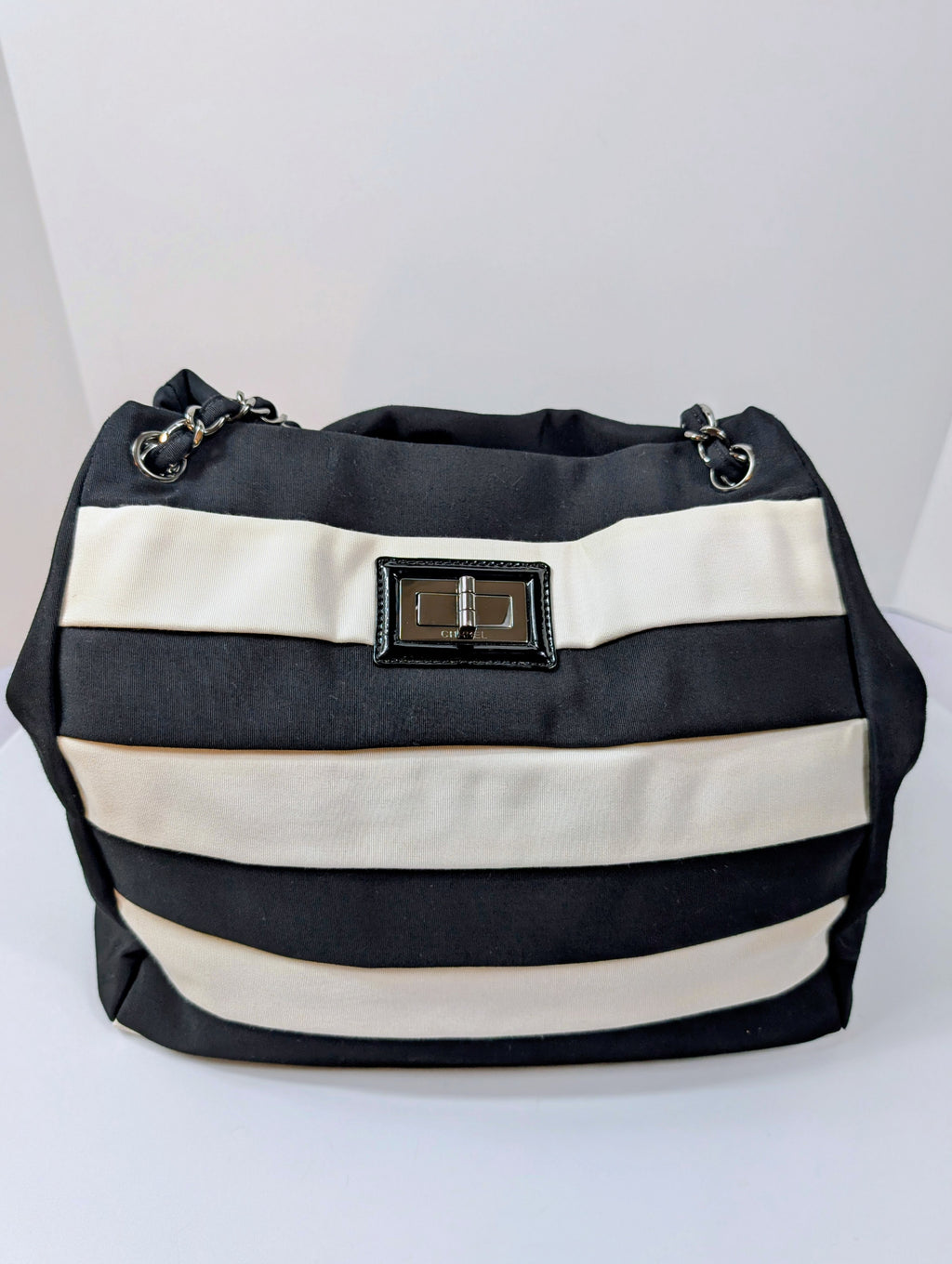 Chanel Black and White Striped Fabric Shopping Tote