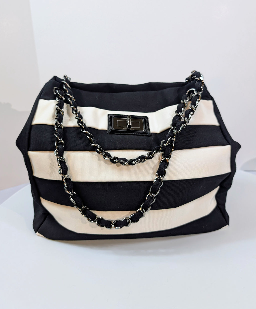 Chanel Black and White Striped Fabric Shopping Tote