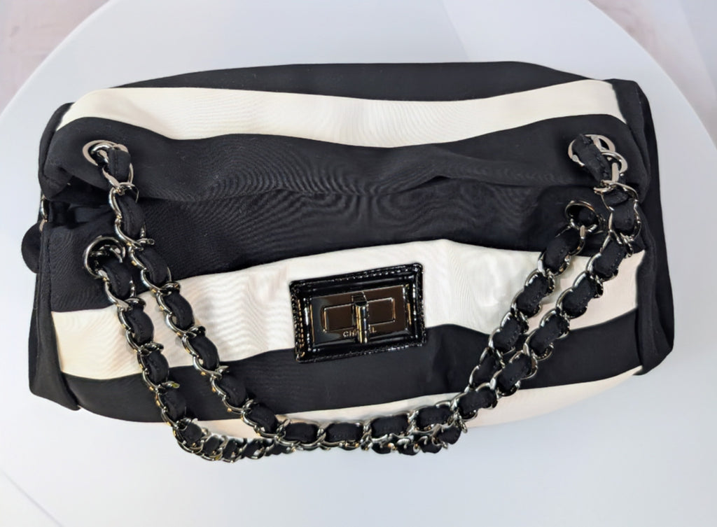 Chanel Black and White Striped Fabric Shopping Tote