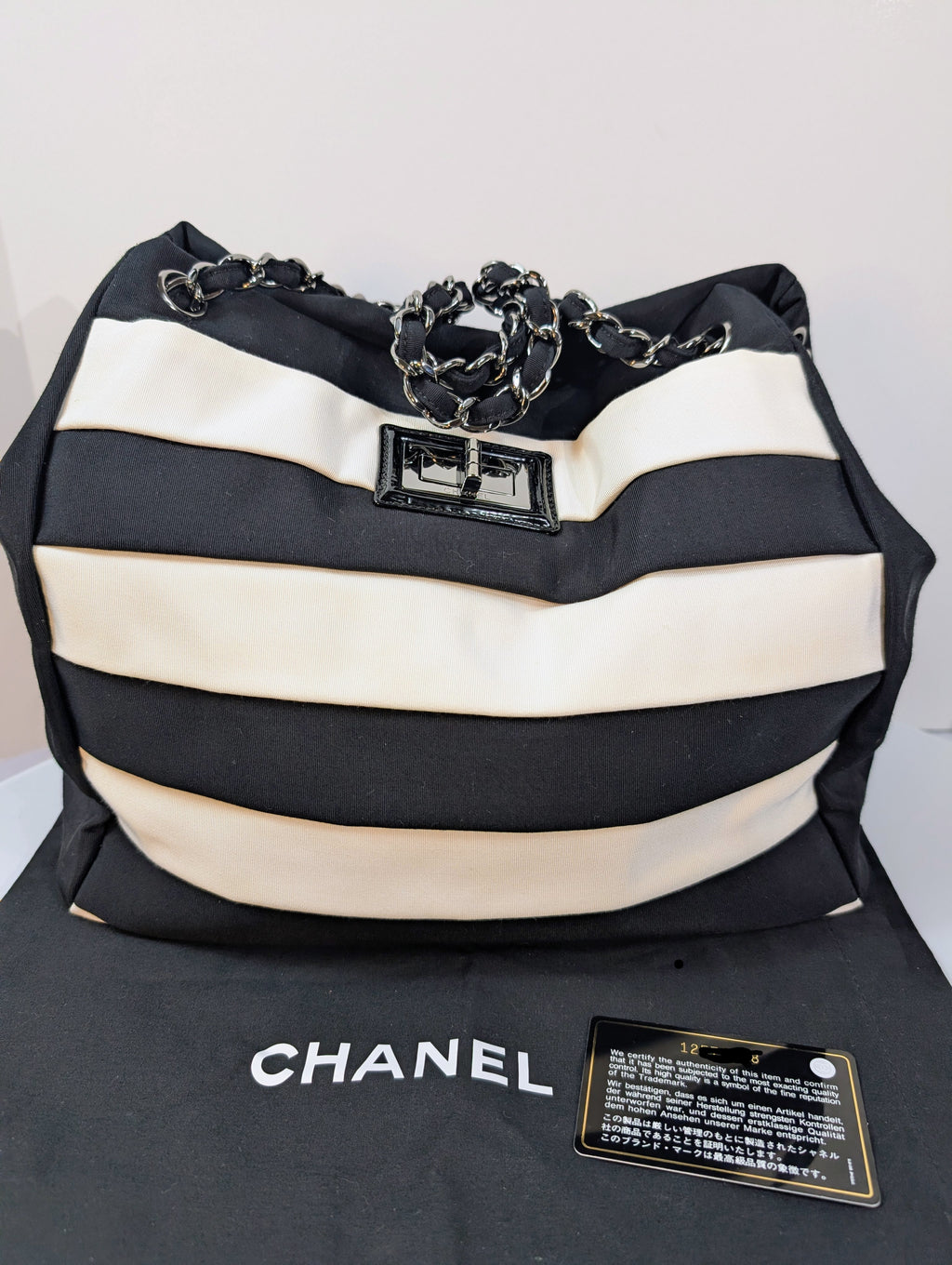 Chanel Black and White Striped Fabric Shopping Tote