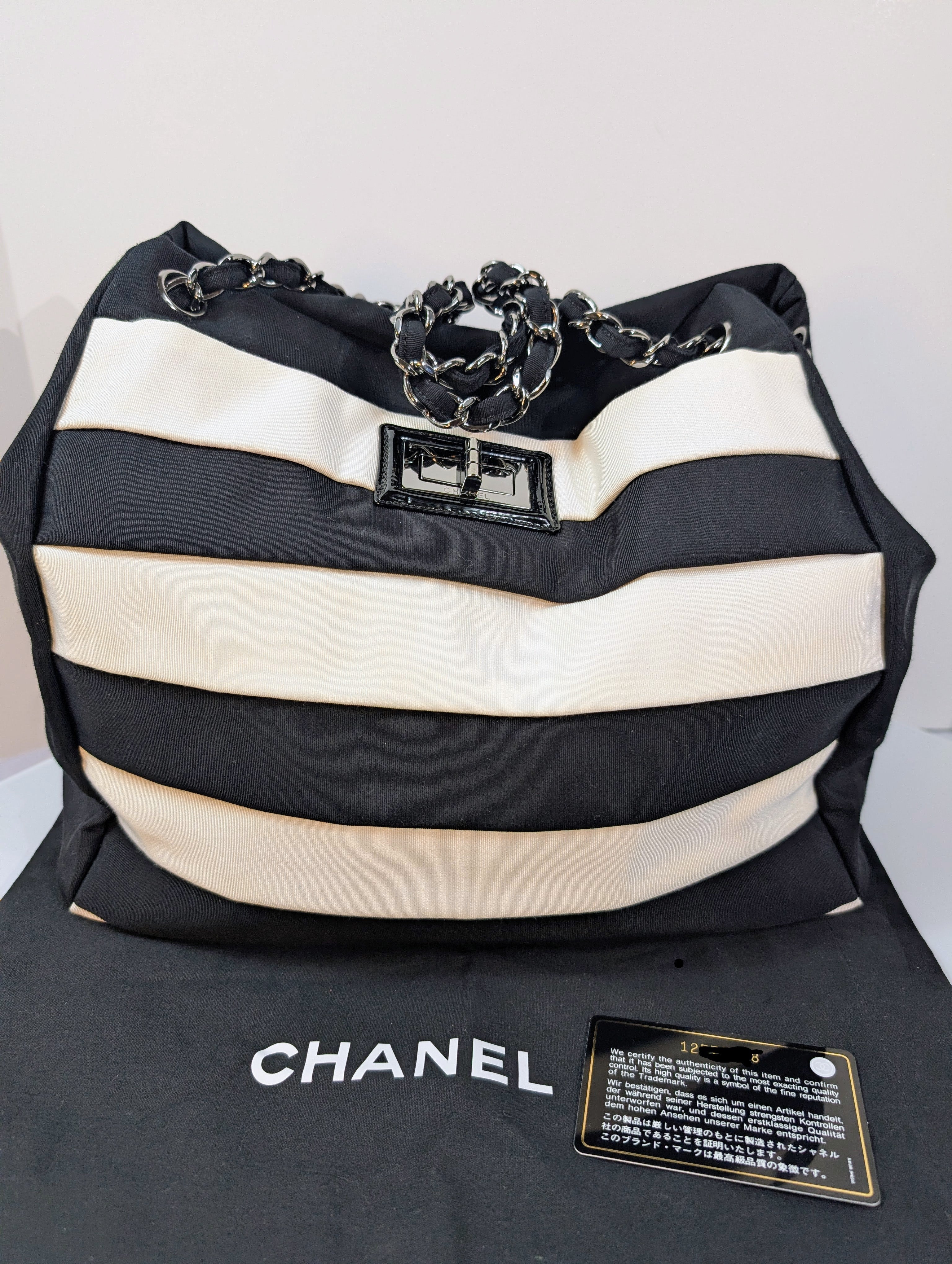 Chanel Black and White Striped Fabric Shopping Tote