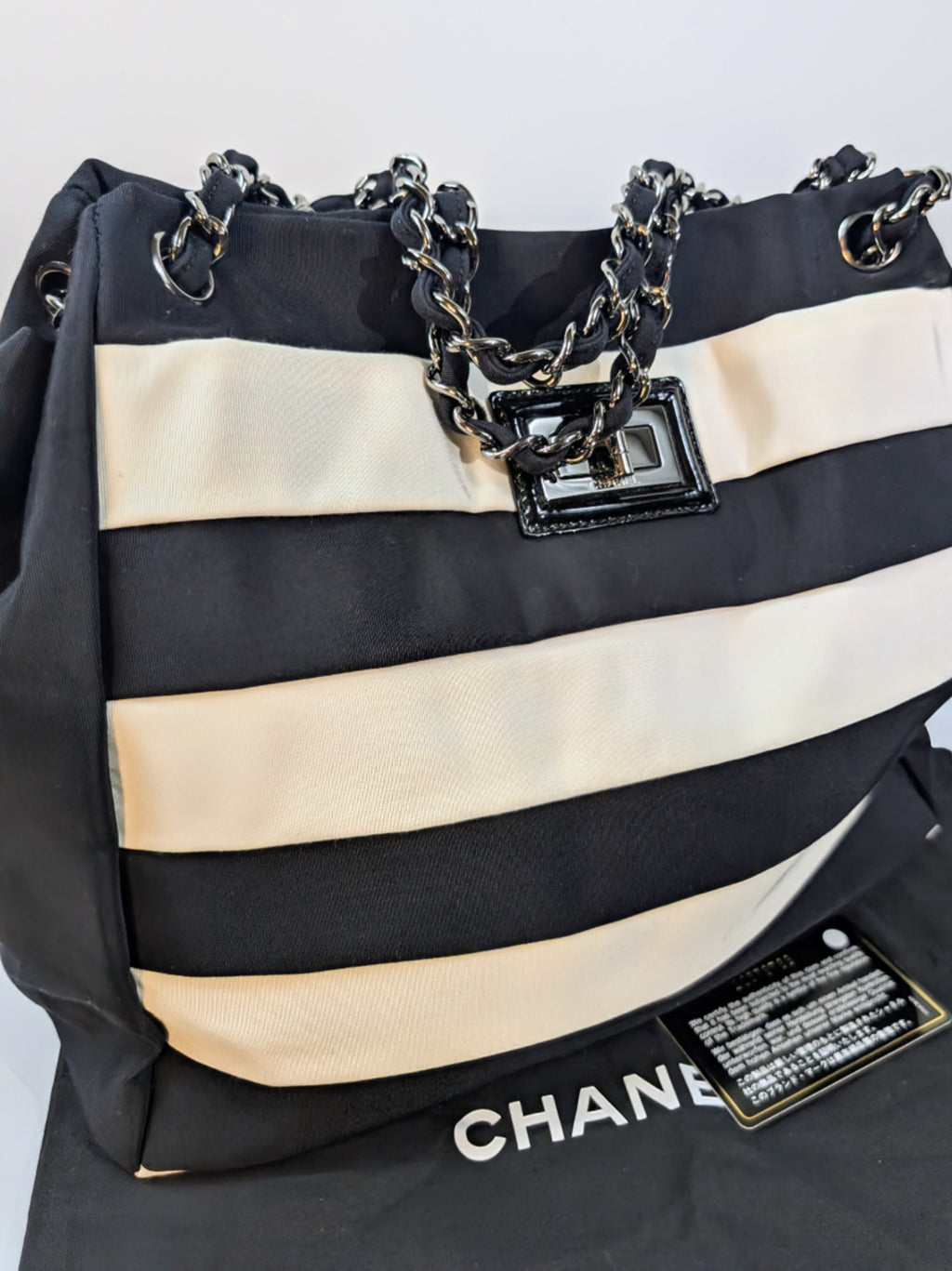 Chanel Black and White Striped Fabric Shopping Tote