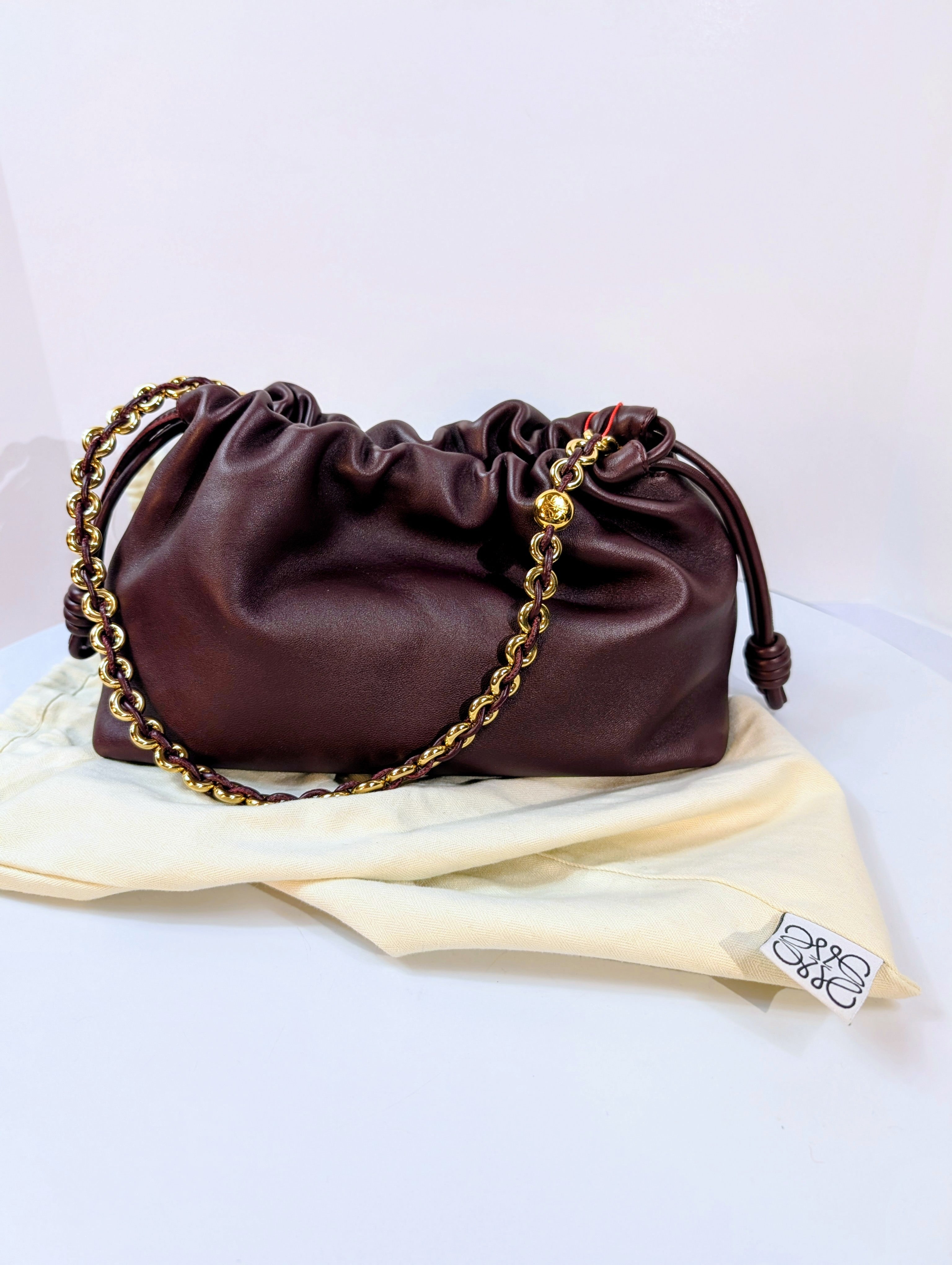 NWT Loewe Medium Flamenco Purse in Burgundy Nappa Lambskin, with Two Straps