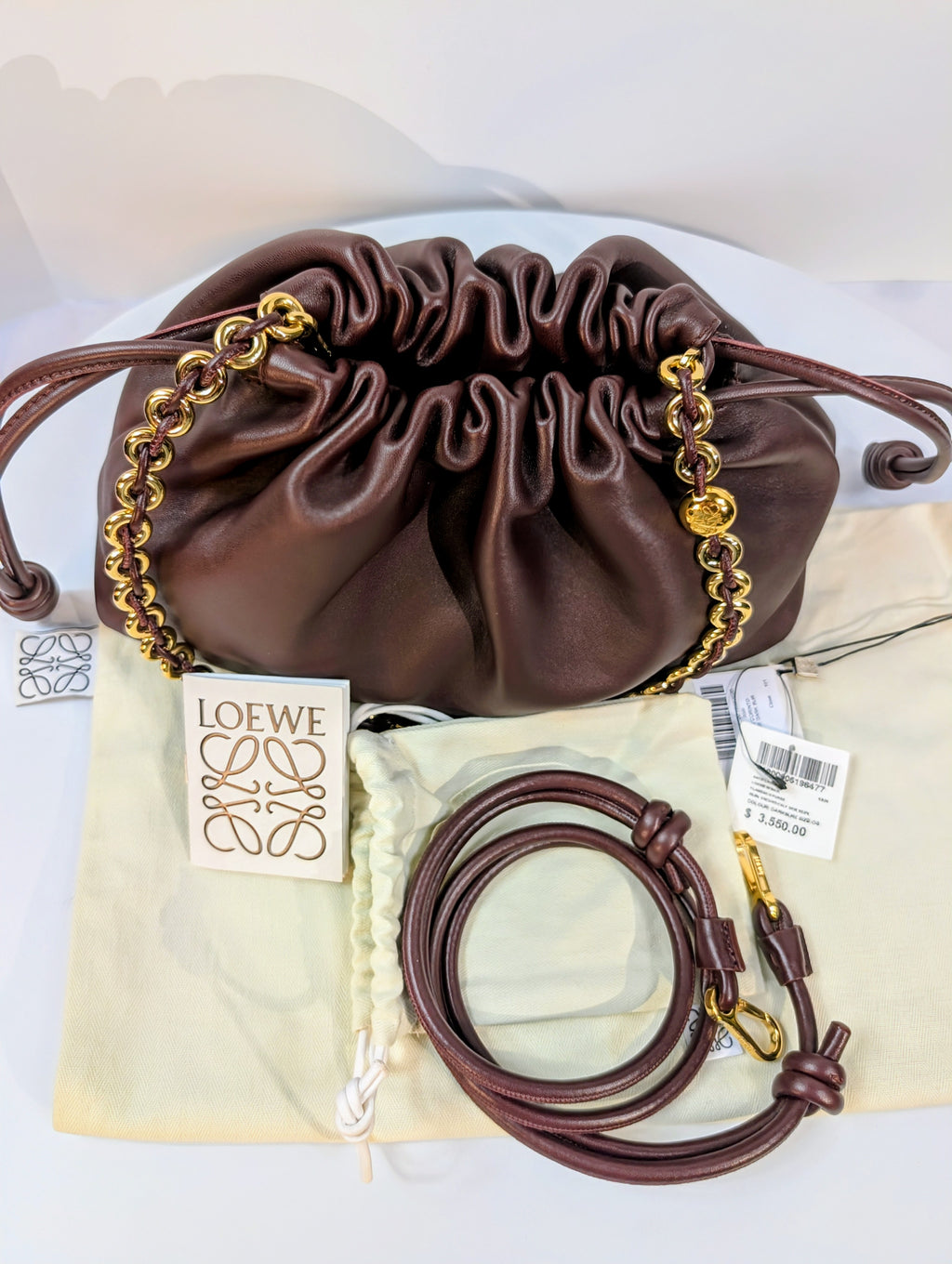 NWT Loewe Medium Flamenco Purse in Burgundy Nappa Lambskin, with Two Straps