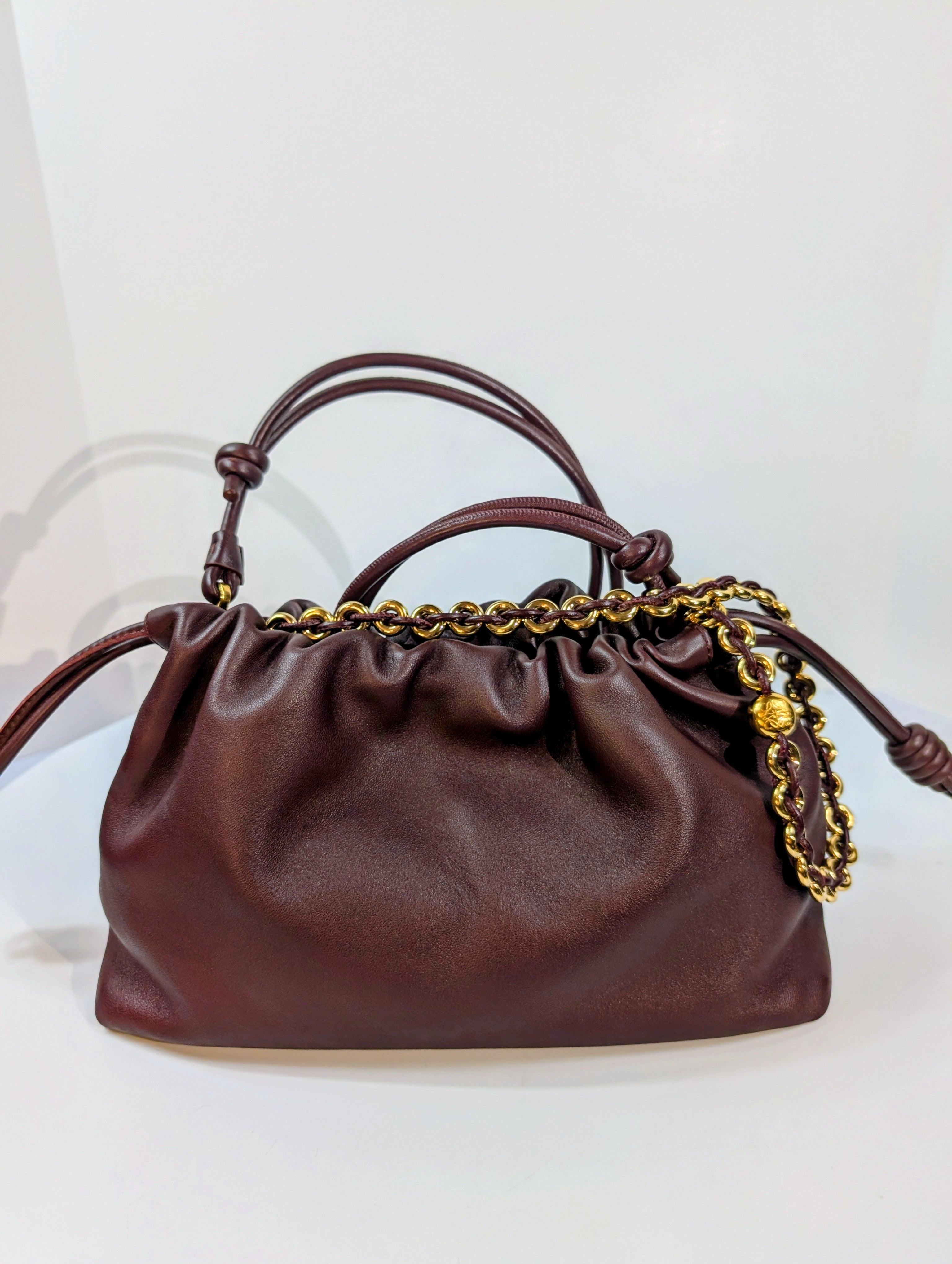 NWT Loewe Medium Flamenco Purse in Burgundy Nappa Lambskin, with Two Straps